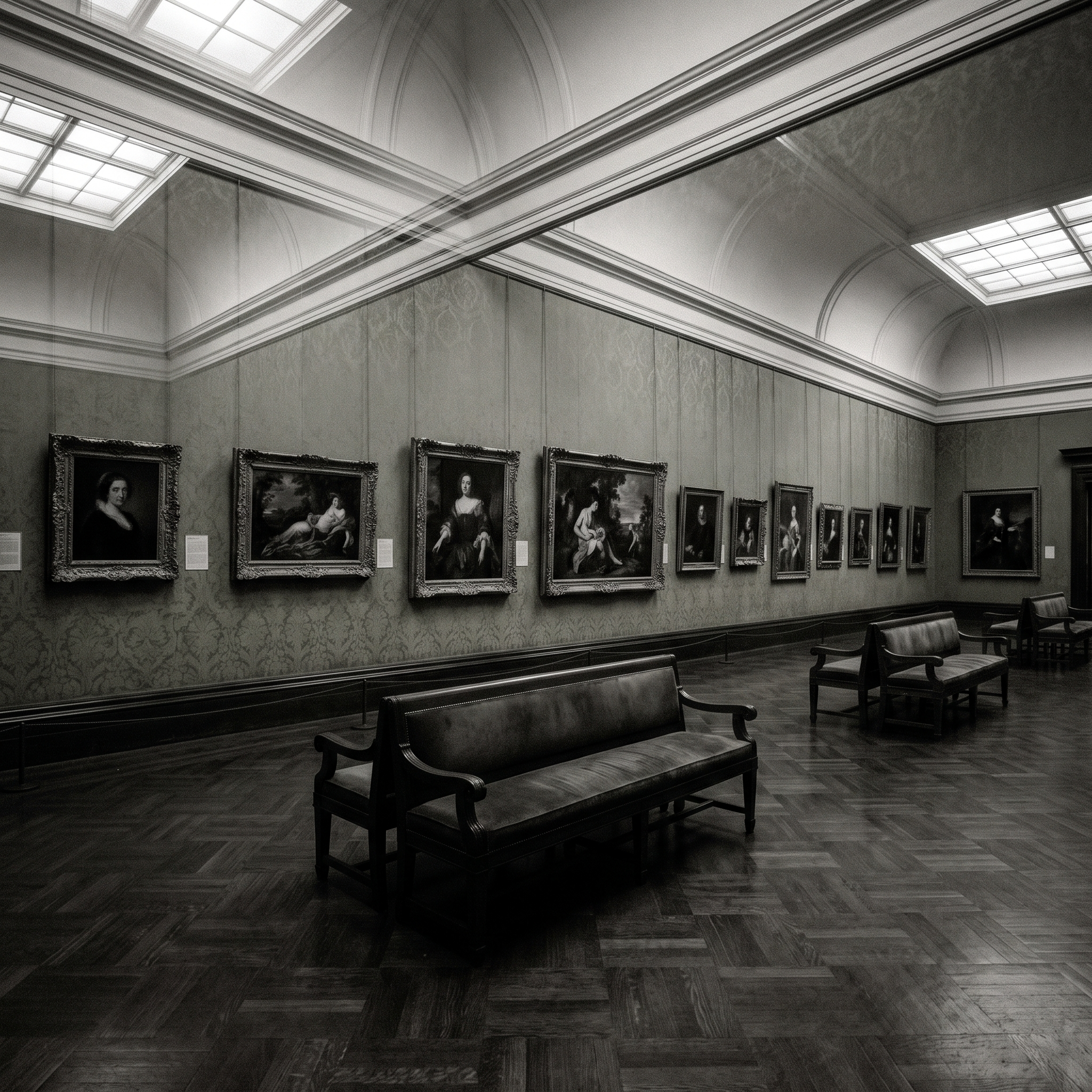 Paintings hung in a single line along a damask wall under a barrel vault