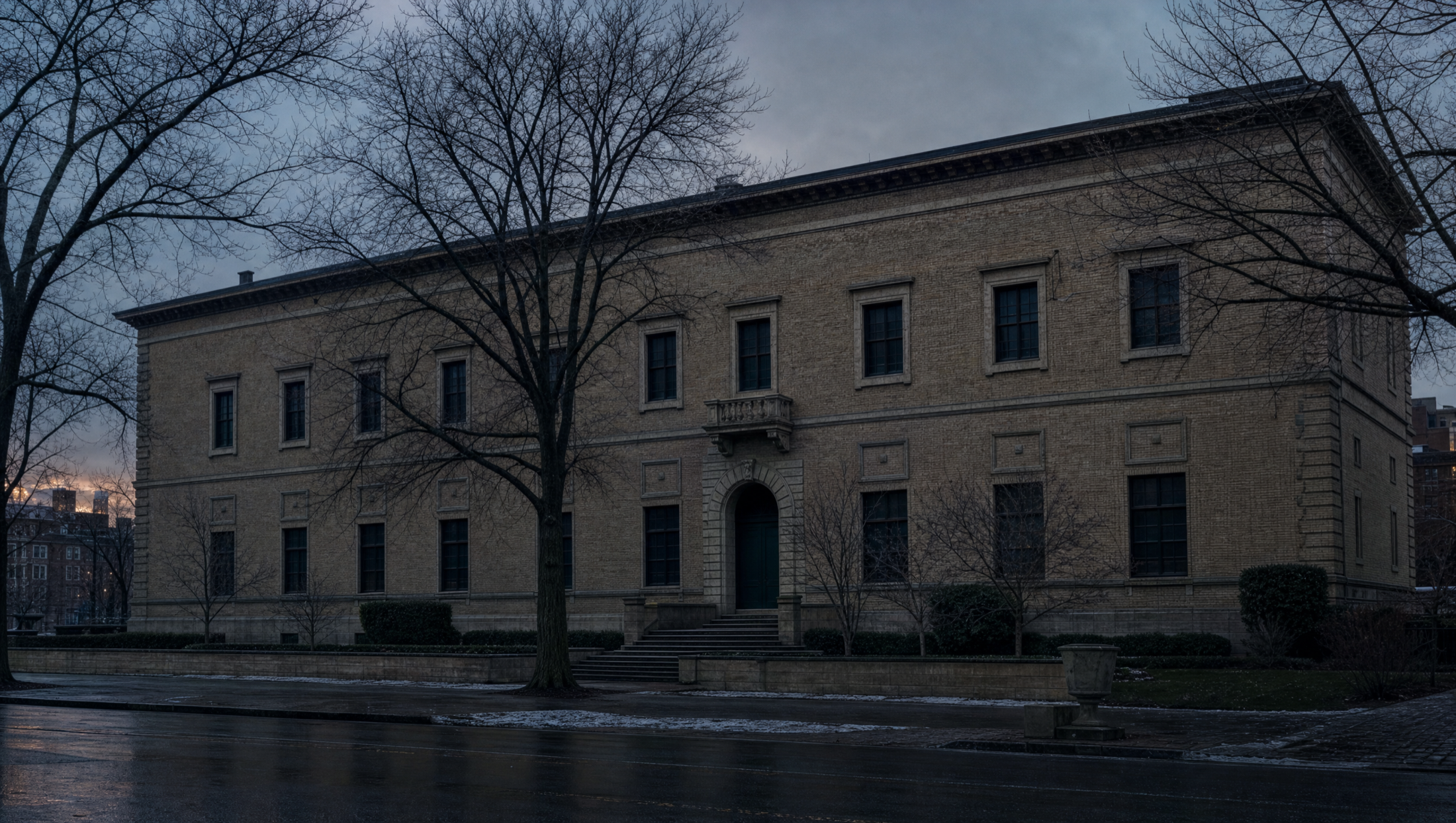 The plain outer walls of Fenway Court on a bare January evening, wet pavement and leafless trees