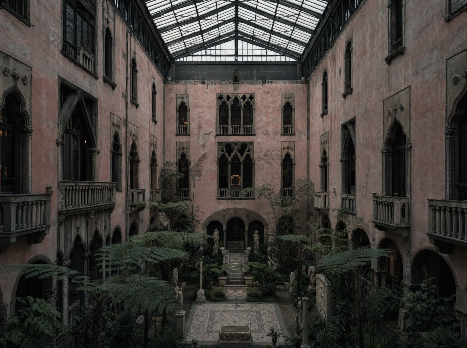 The glass-roofed courtyard, four storeys of Venetian window fragments set into pink stucco above a planted garden