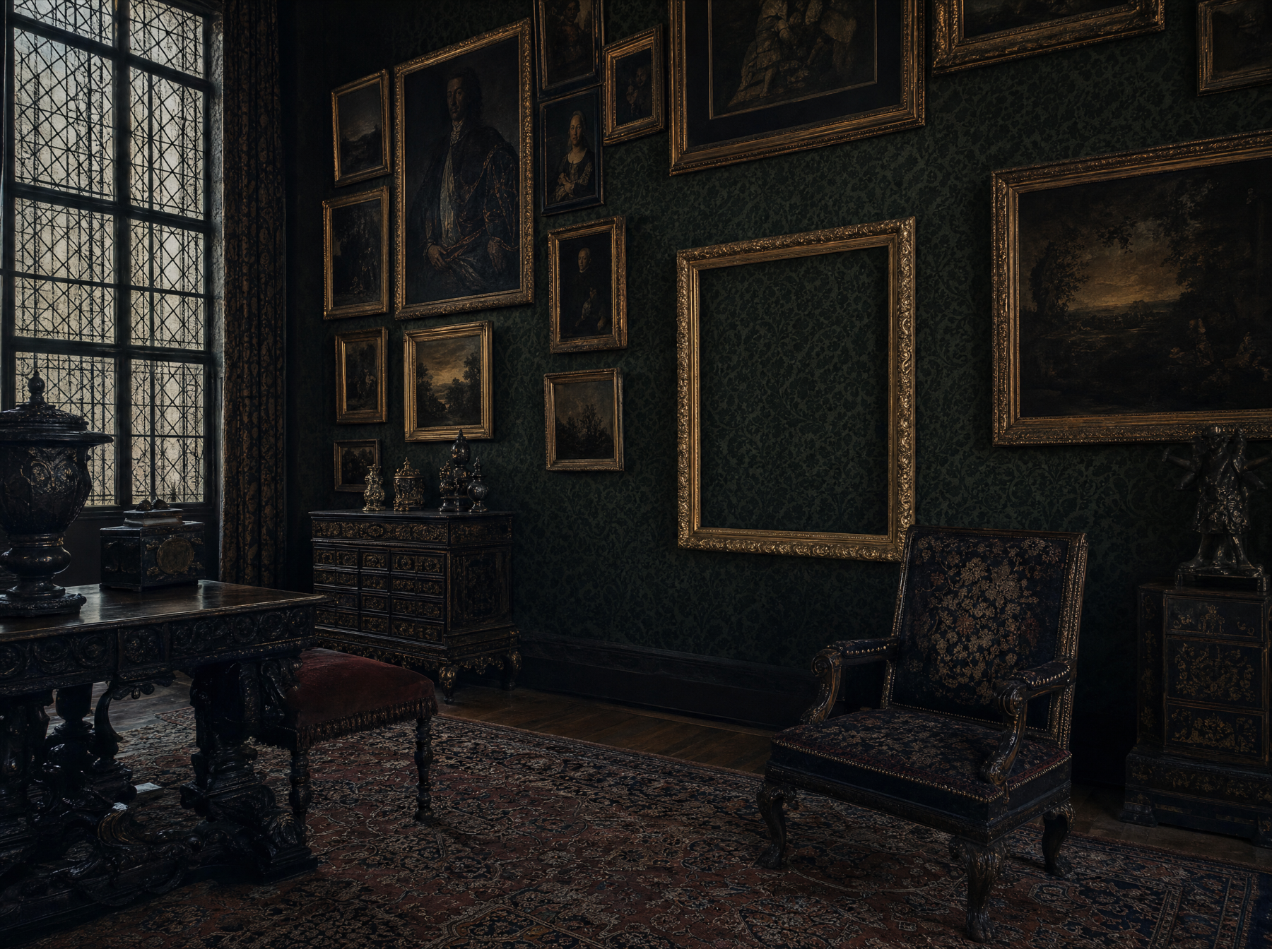 A dim gallery hung with old master paintings in gilt frames on patterned fabric, one frame empty