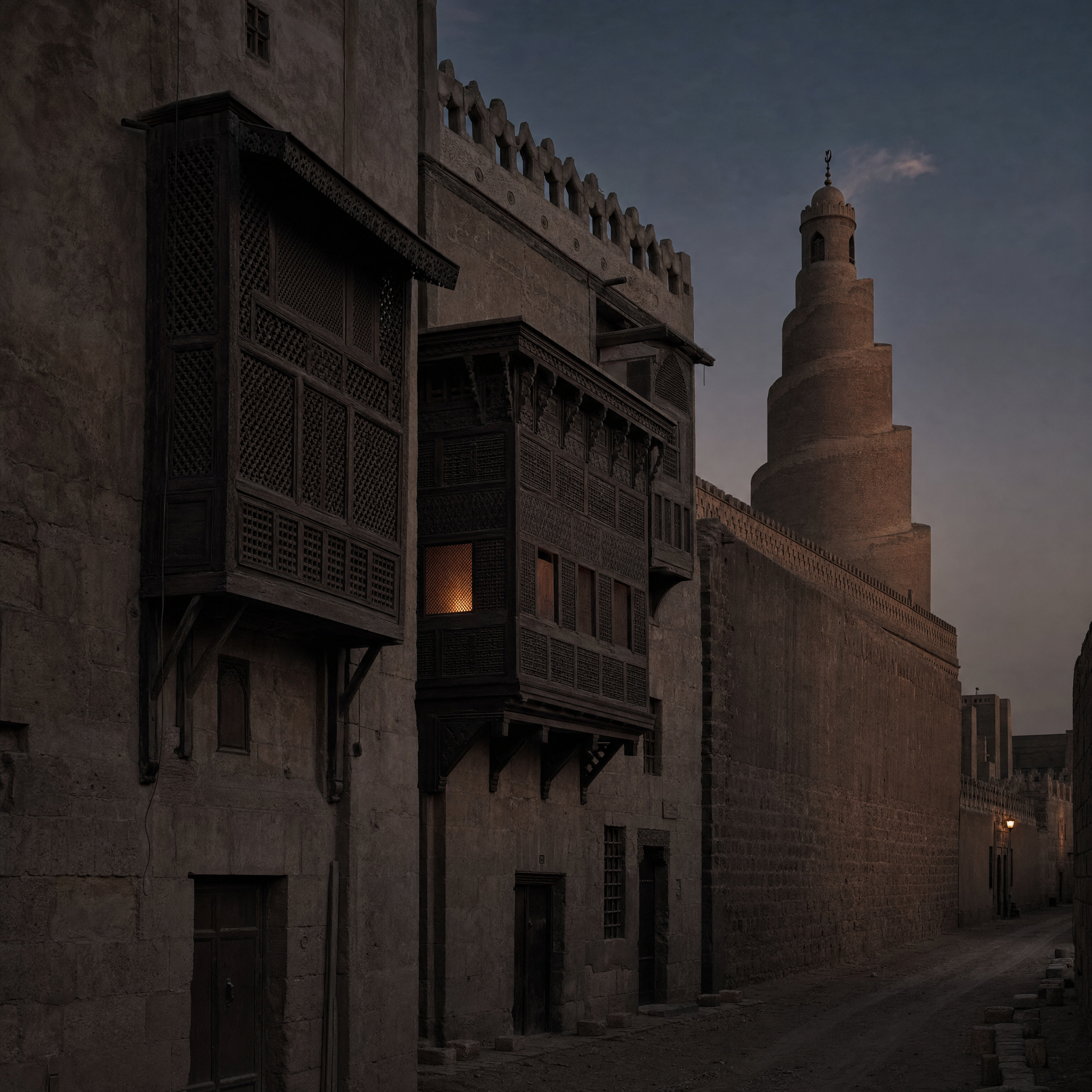 The limestone facade of the Gayer-Anderson houses at dusk, mashrabiya screens above a narrow lane, the spiral minaret of Ibn Tulun behind