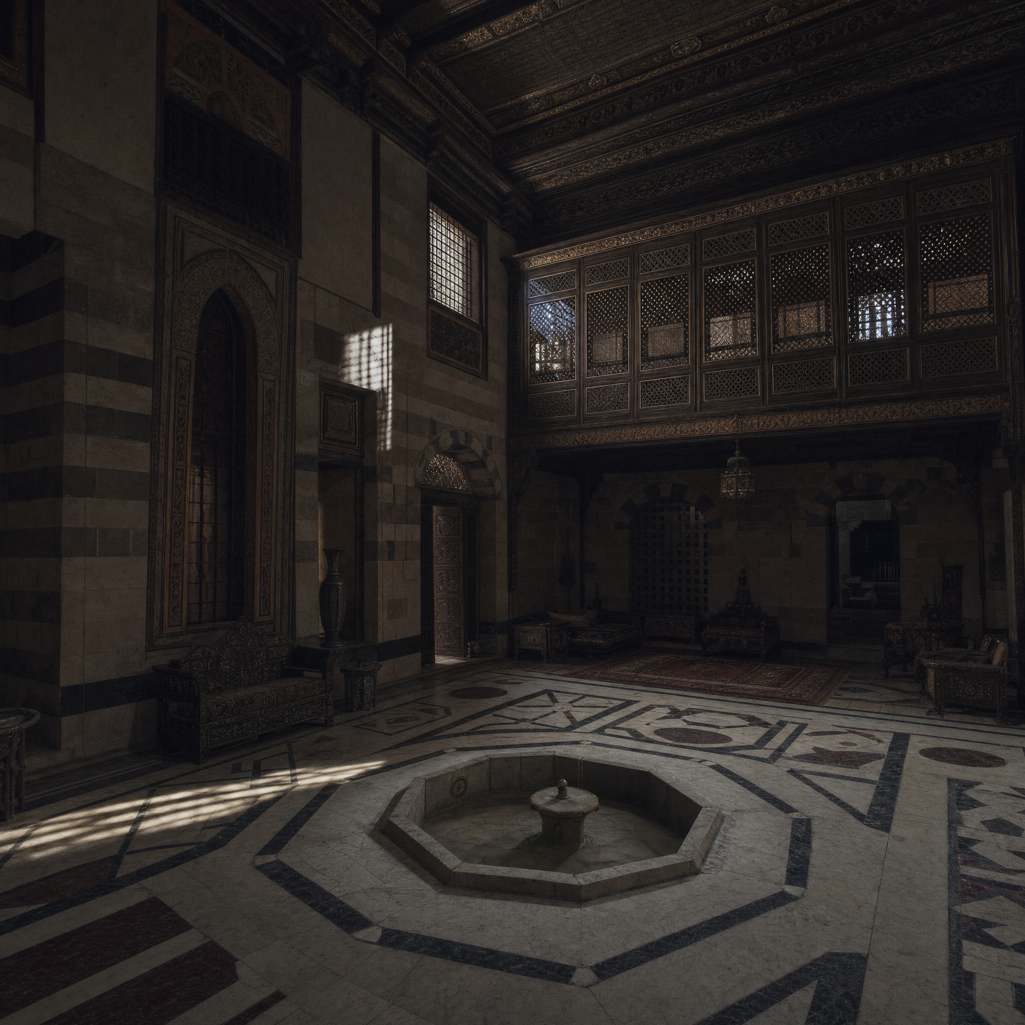 The qa'a: an inlaid marble floor, a small central fountain, and a screened gallery above