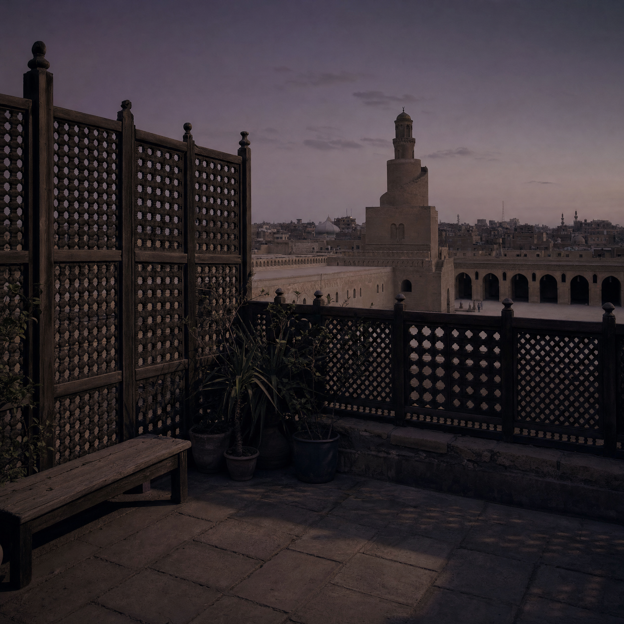 The roof terrace behind its tall carved screens, the mosque beyond