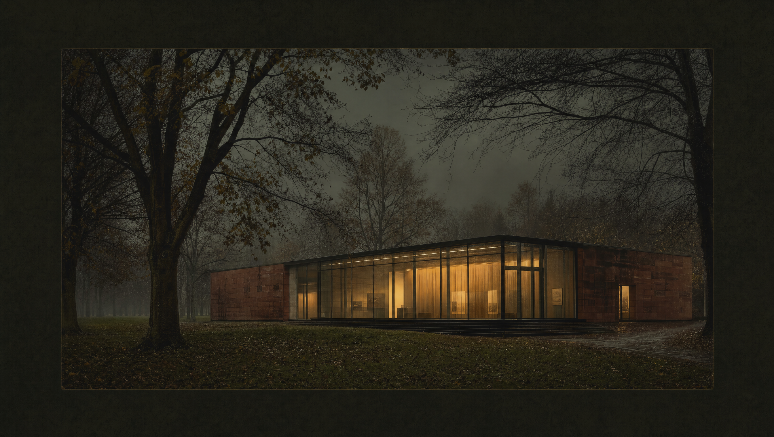 A low glass and sandstone gallery pavilion lit from within, standing among bare parkland trees in October mist
