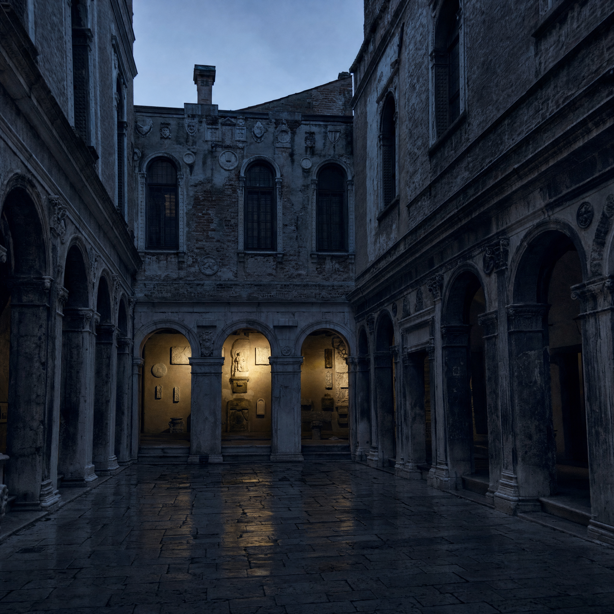 The sixteenth-century Renaissance courtyard of Palazzo Grimani, open to the sky, classical stone arcade at blue hour