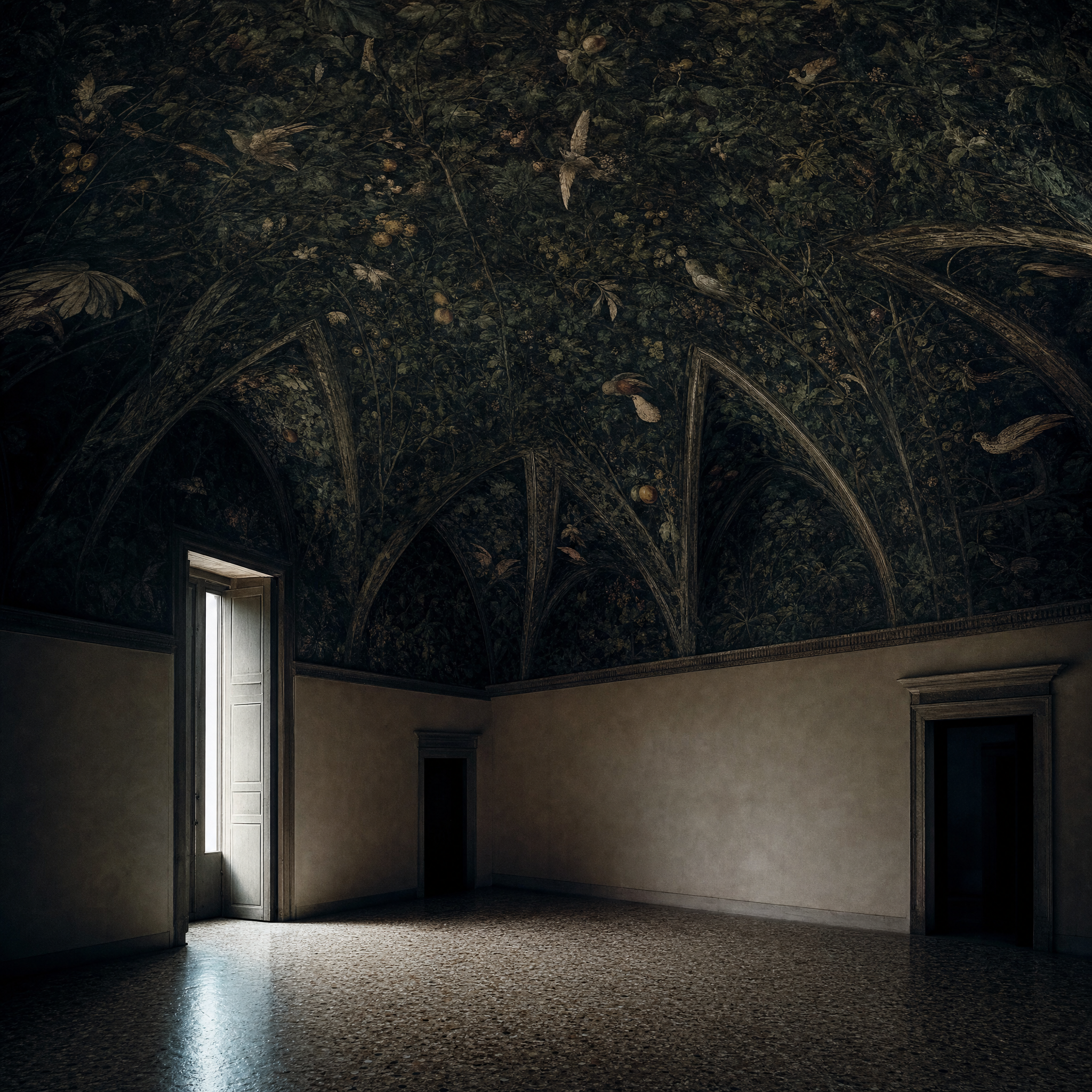 The Foliage Room, its vault frescoed with dense leaves, vines and small birds