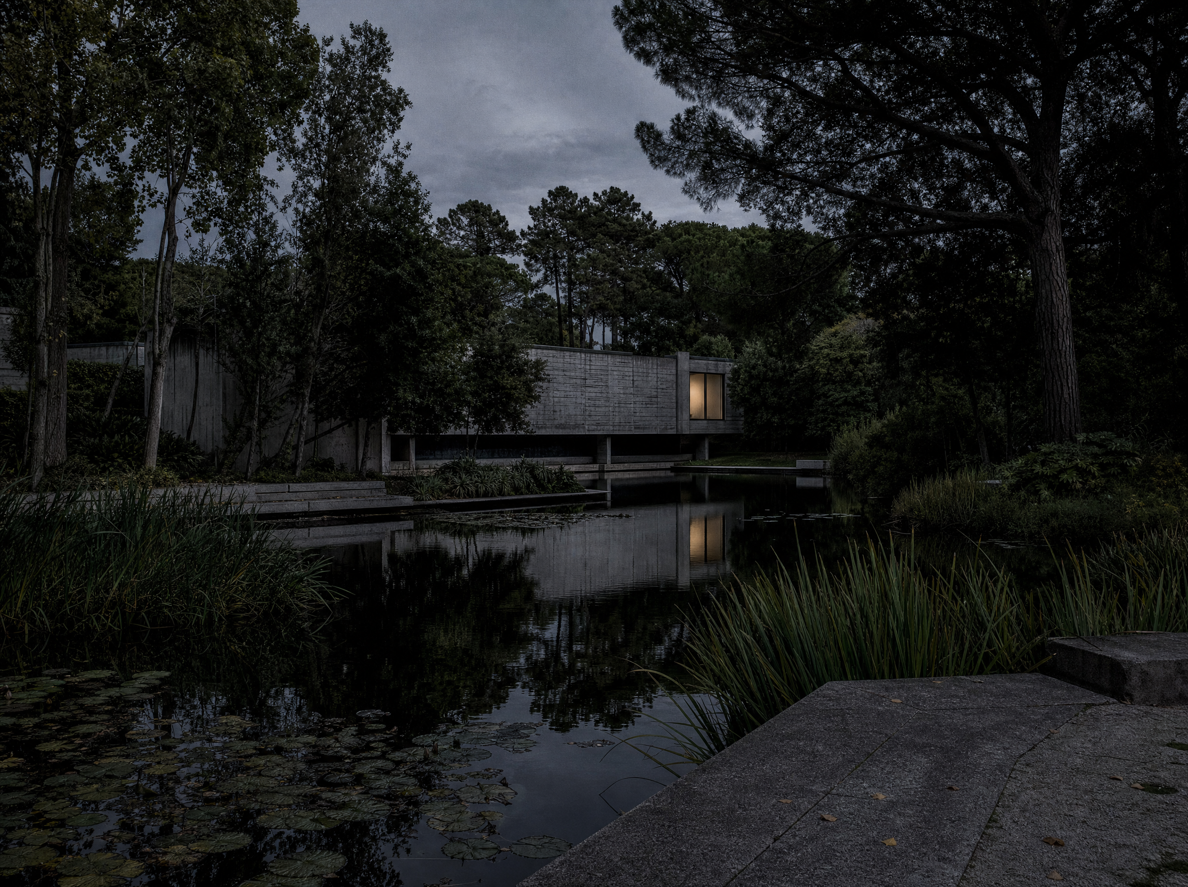 The museum's garden lake at dusk, reeds and lilies, one lit window reflected in the black water