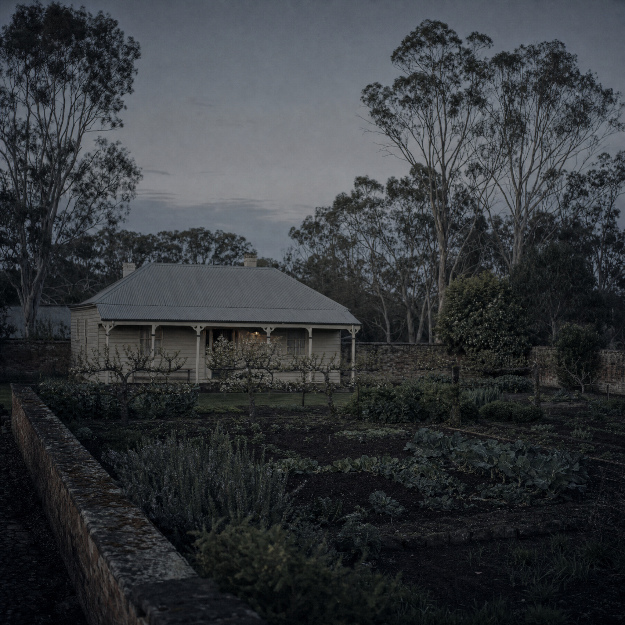 The weatherboard farmhouse at Heide seen across its walled kitchen garden on a spring evening
