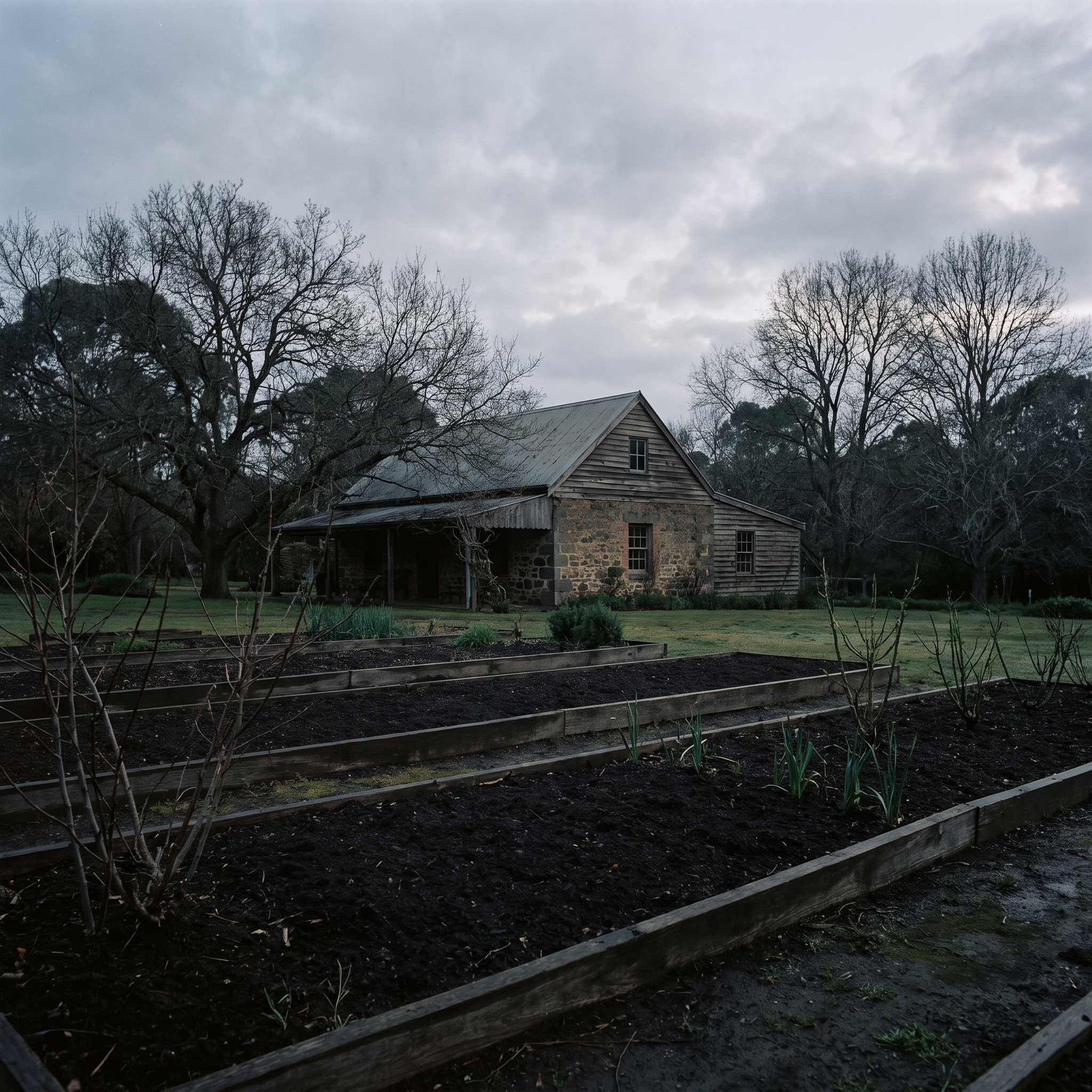 The kitchen garden beds, newly turned over in early spring
