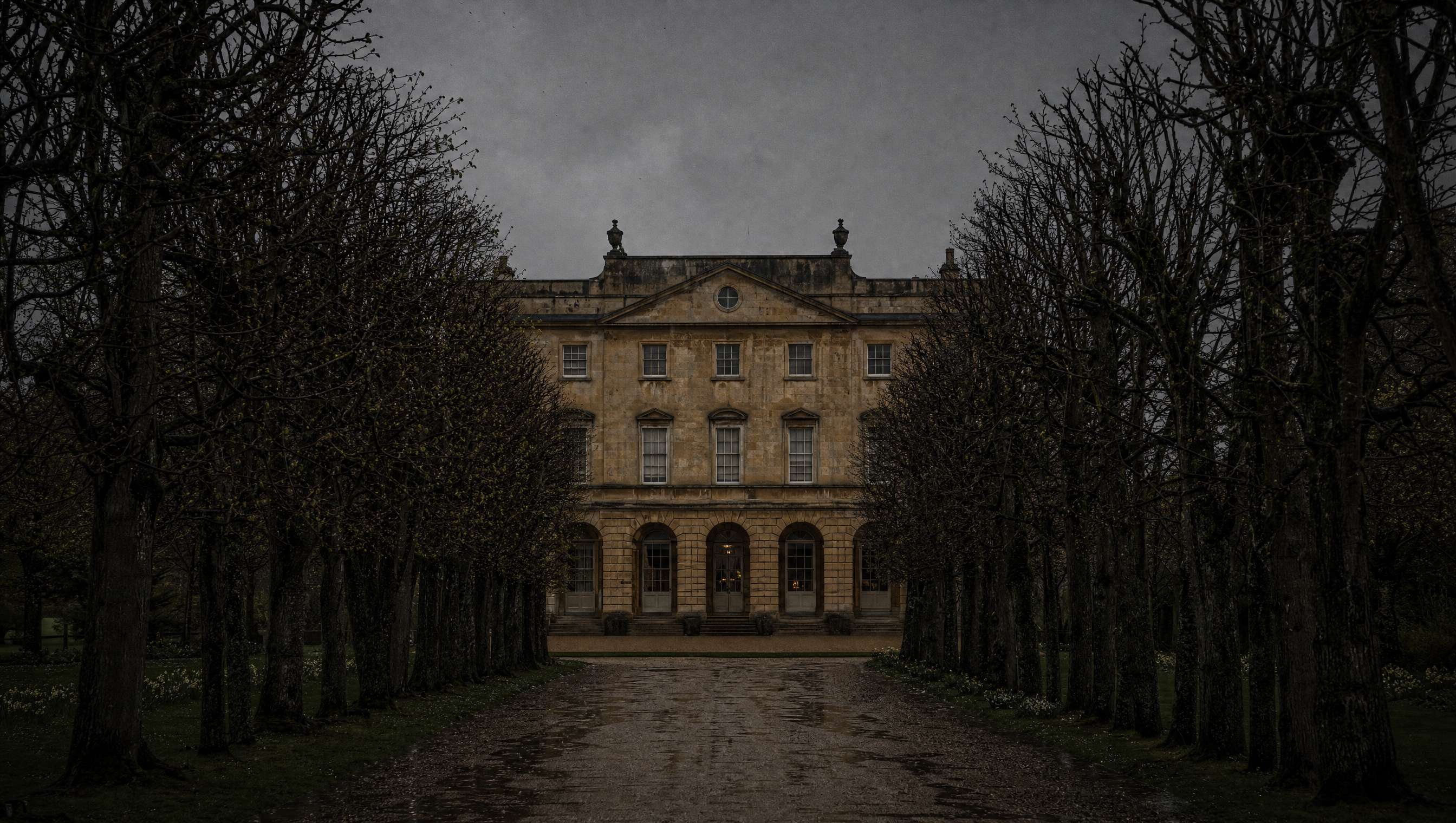 The Bath stone facade of the Holburne Museum closing the end of a long avenue of bare trees on a flat grey April afternoon