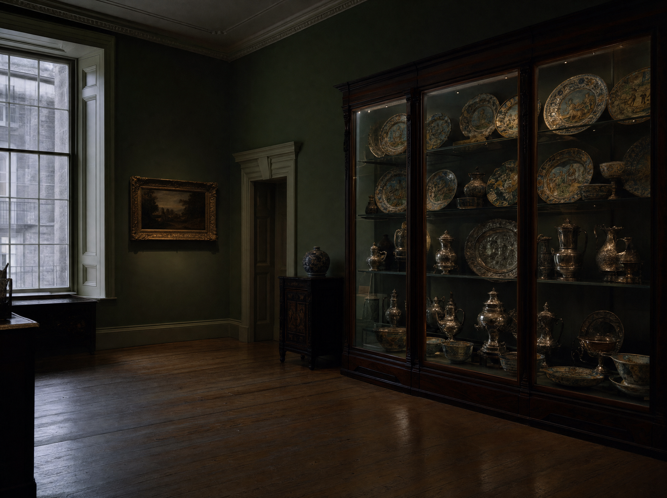 A green-walled upper gallery with a tall glazed case of maiolica and silver
