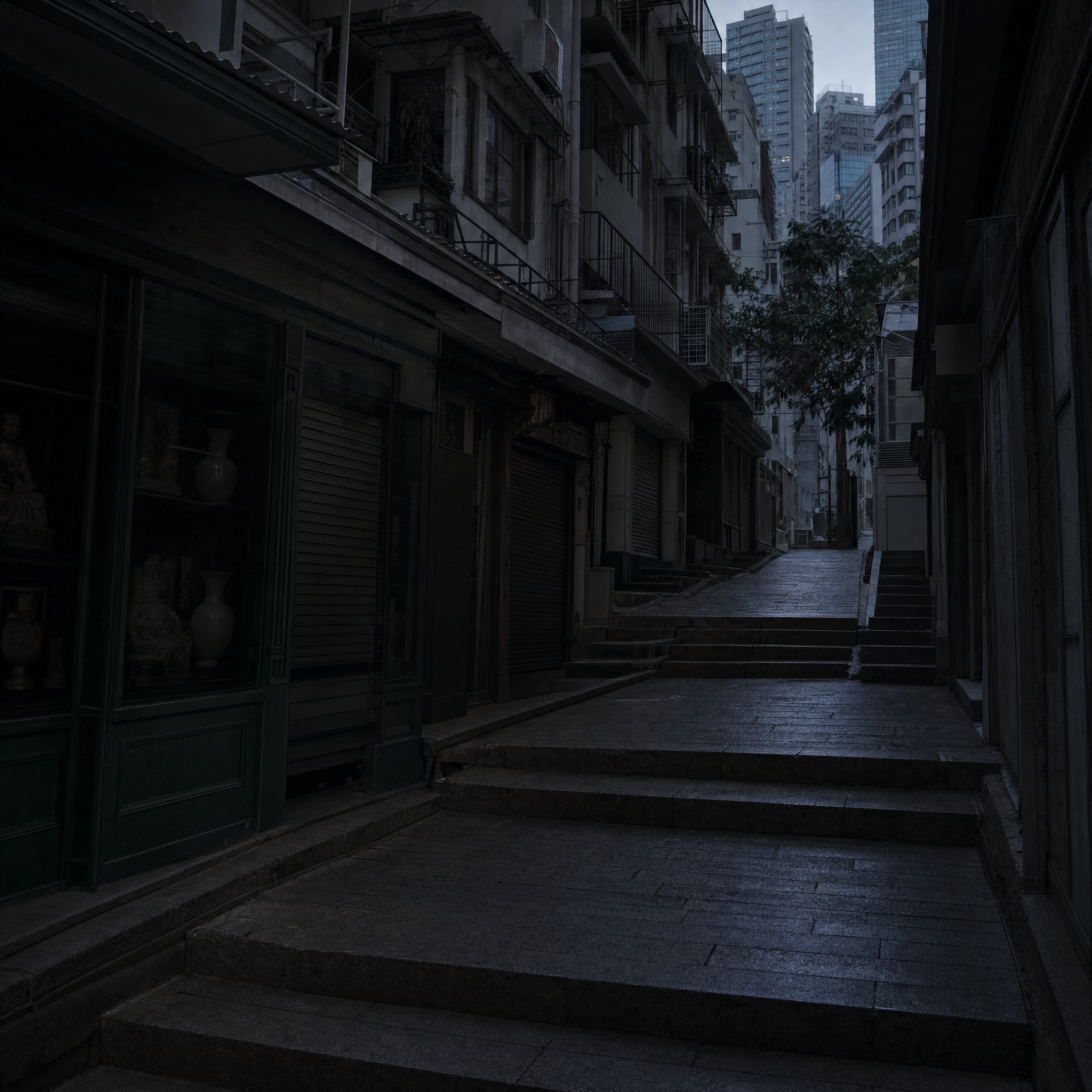 Stepped lanes and shuttered shop fronts climbing the hillside above Hollywood Road at dusk