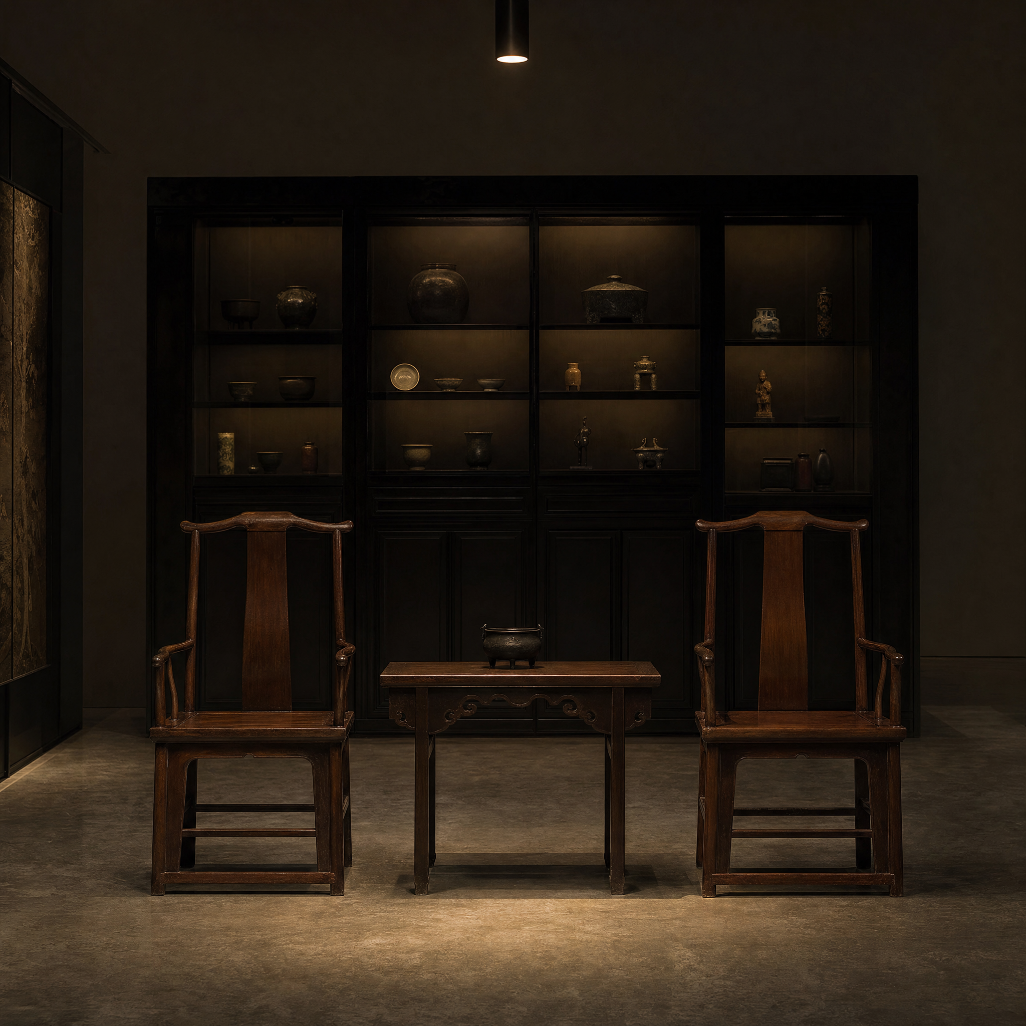 Hardwood scholar chairs and a low table under a single downlight in a dark private gallery