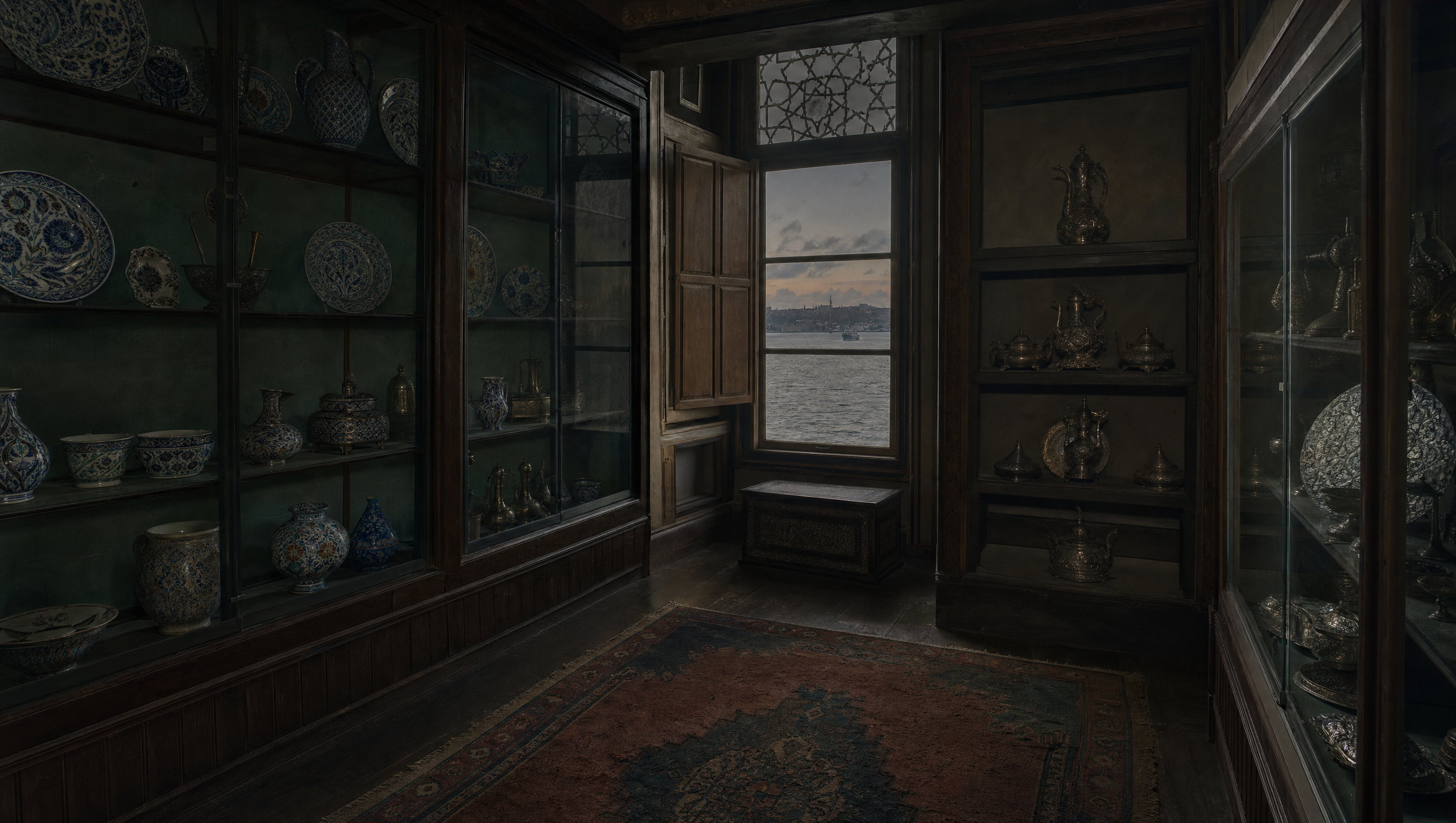 A dim panelled room of glazed cases and dark cabinetry, cool daylight through a shuttered window over water