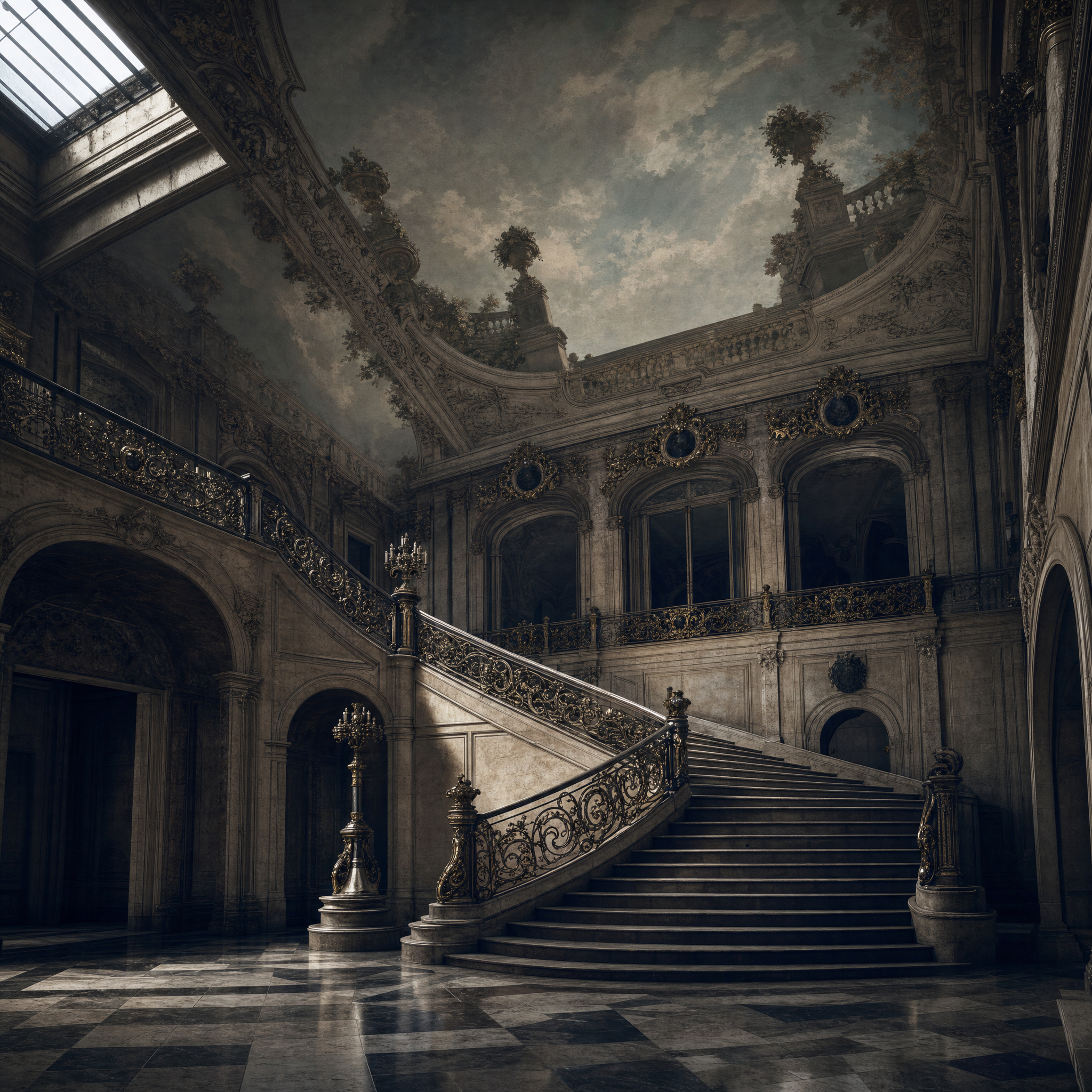 The double staircase curving up beneath the painted ceiling