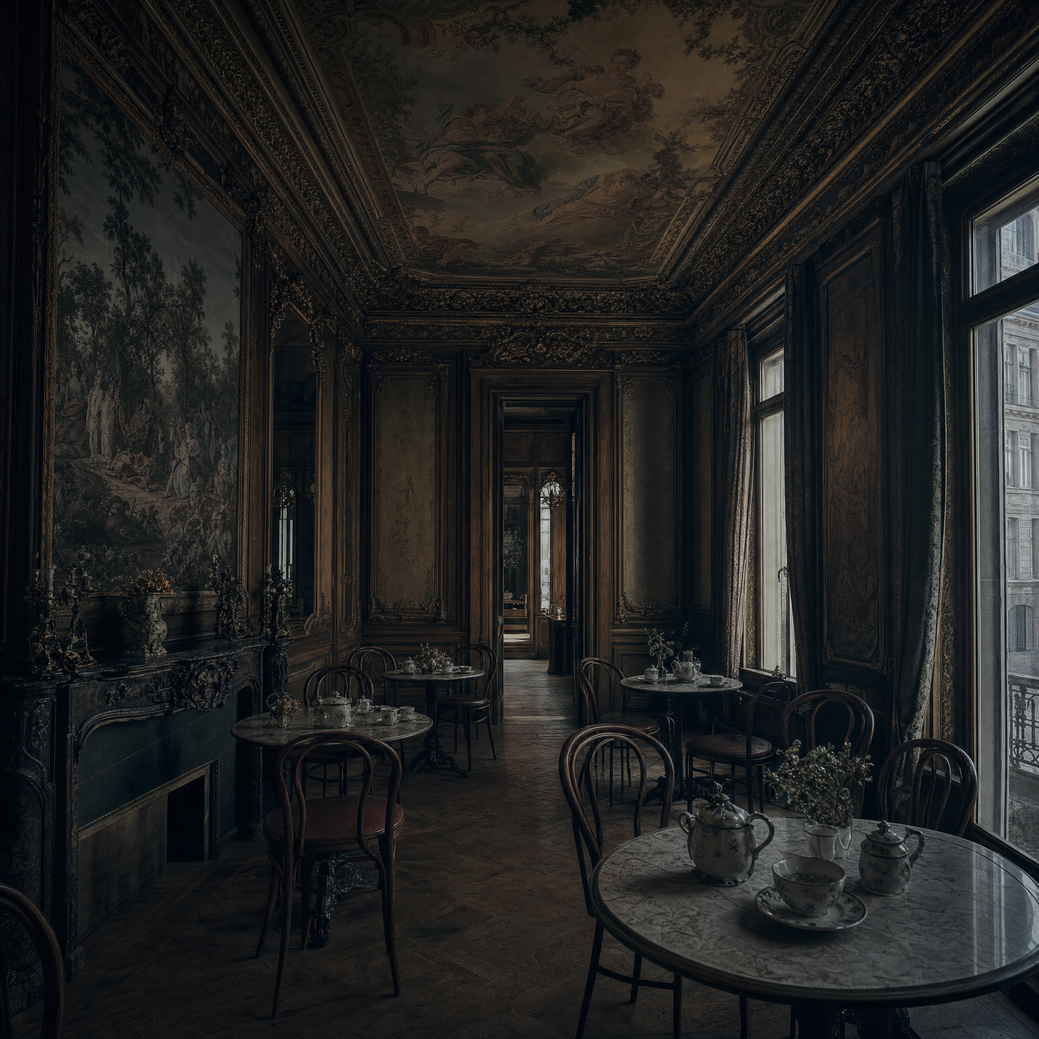 The former dining room, now the tearoom, under its painted ceiling