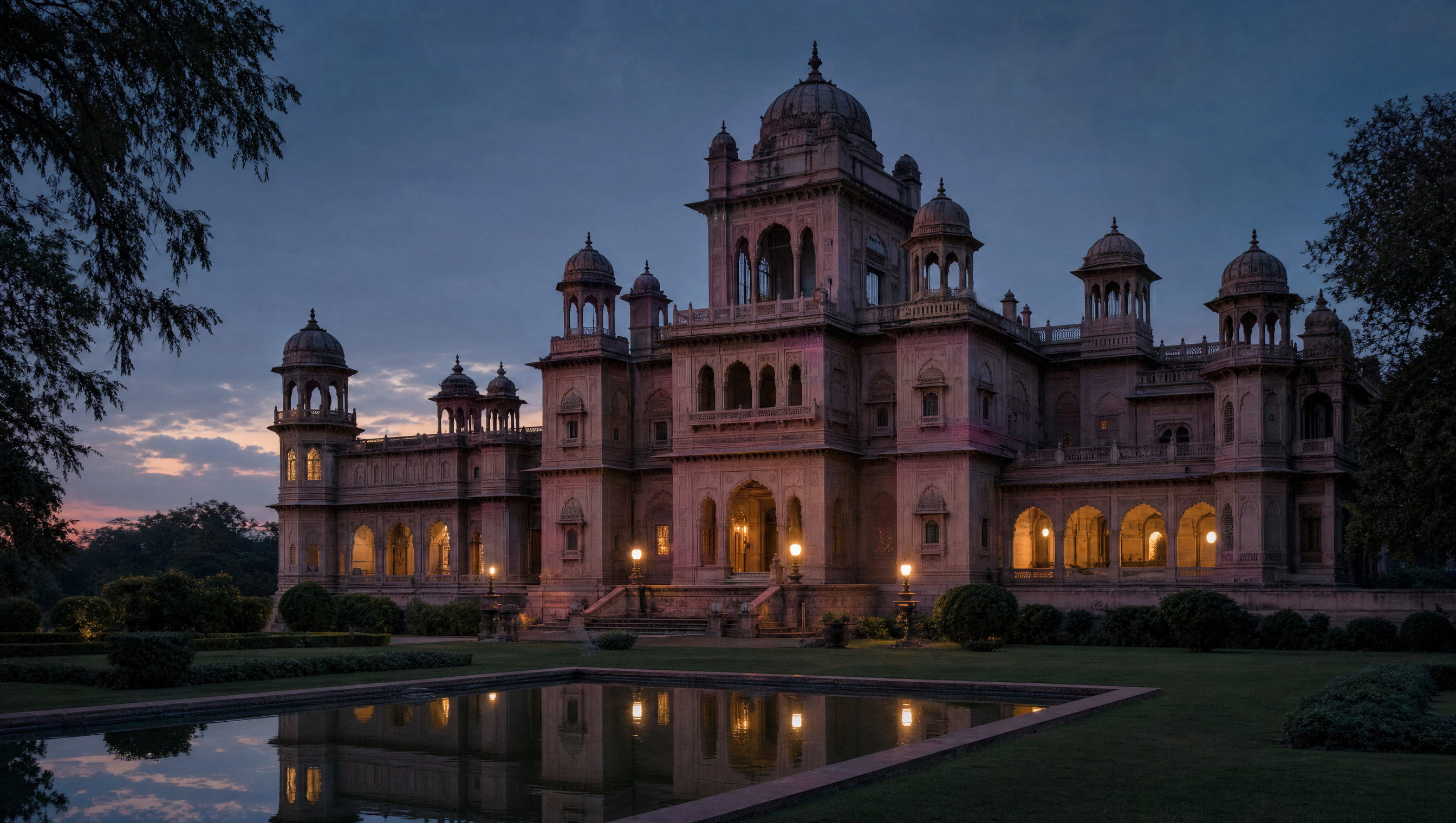 A carved sandstone museum pavilion standing alone in a formal garden at dusk