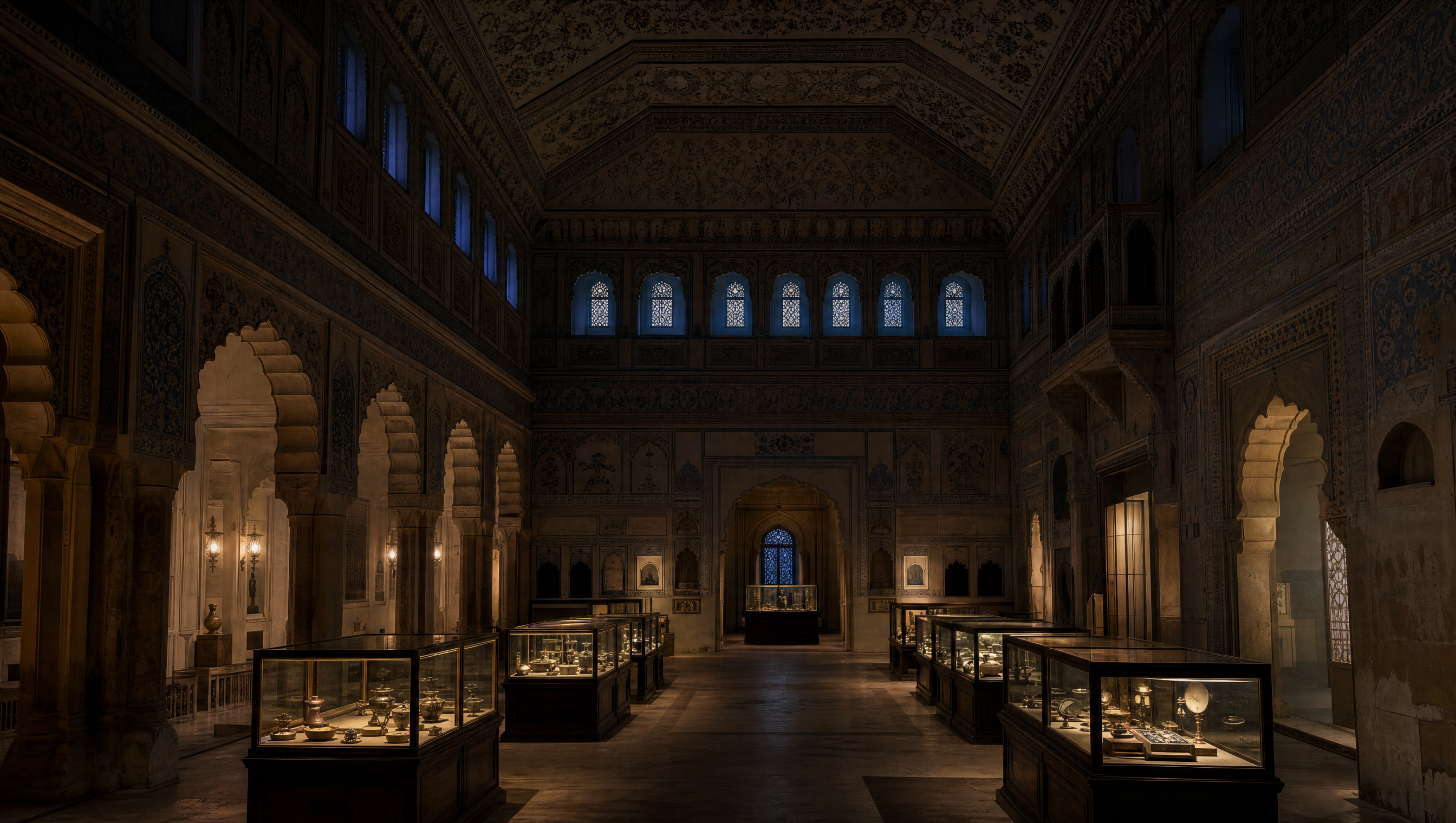 A high vaulted hall with carved arches, a painted ceiling and rows of display cases