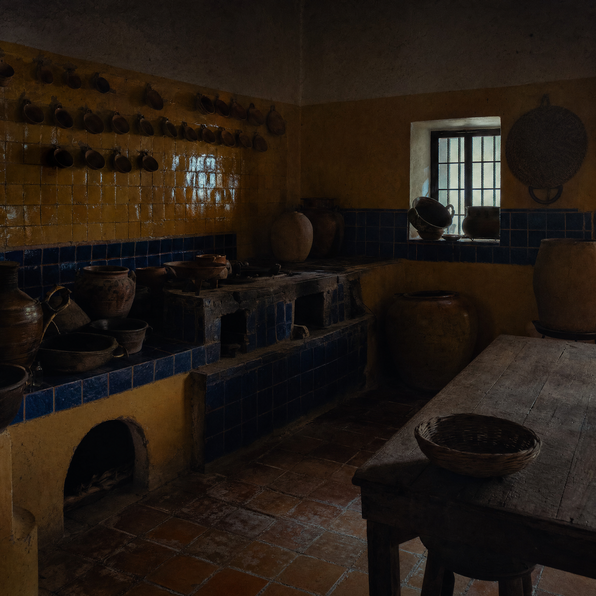 The kitchen: yellow and blue tile, small clay pots hung on the wall, a long plain table
