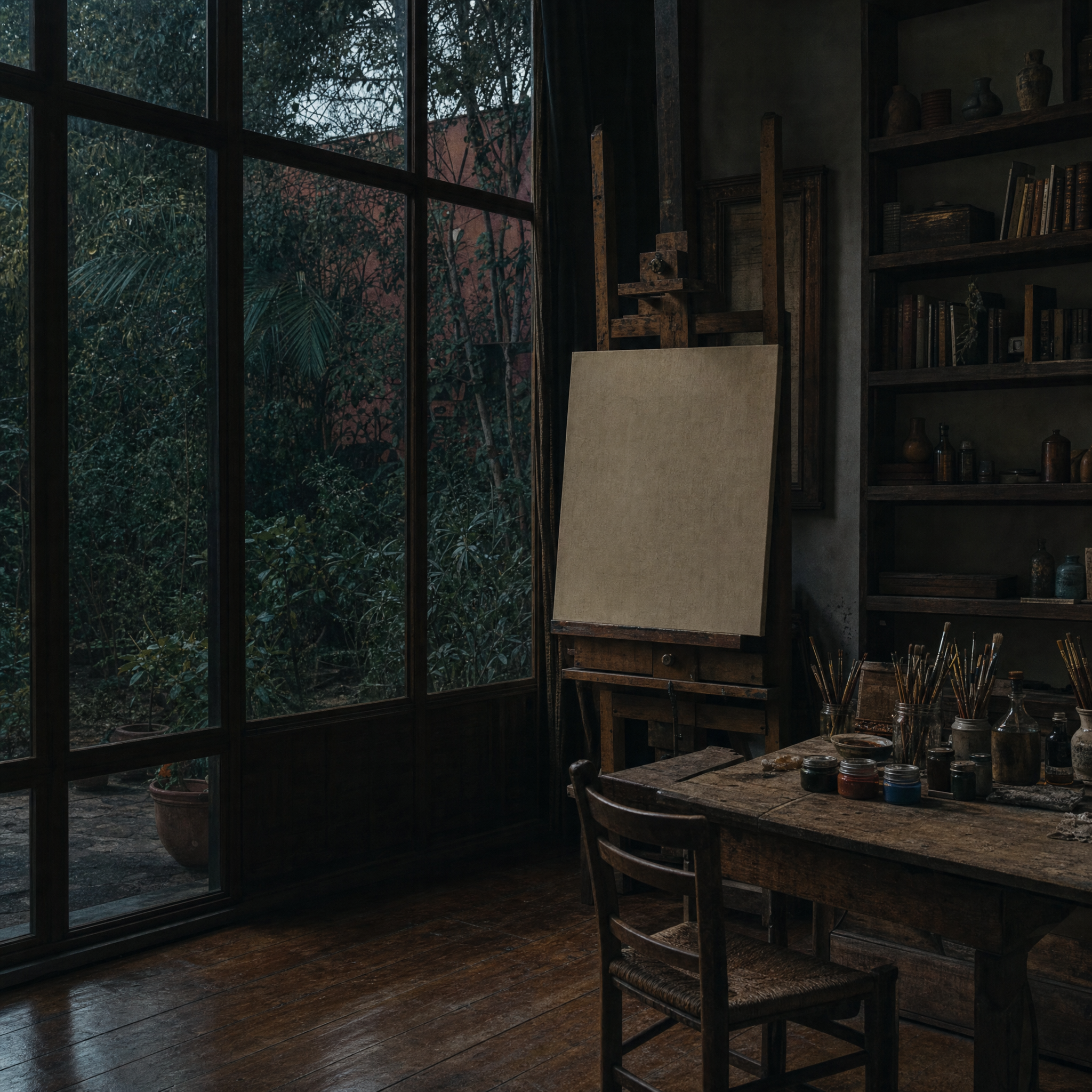 The studio: an easel with a blank canvas by a wall of windows, a work table of brushes and pigment jars
