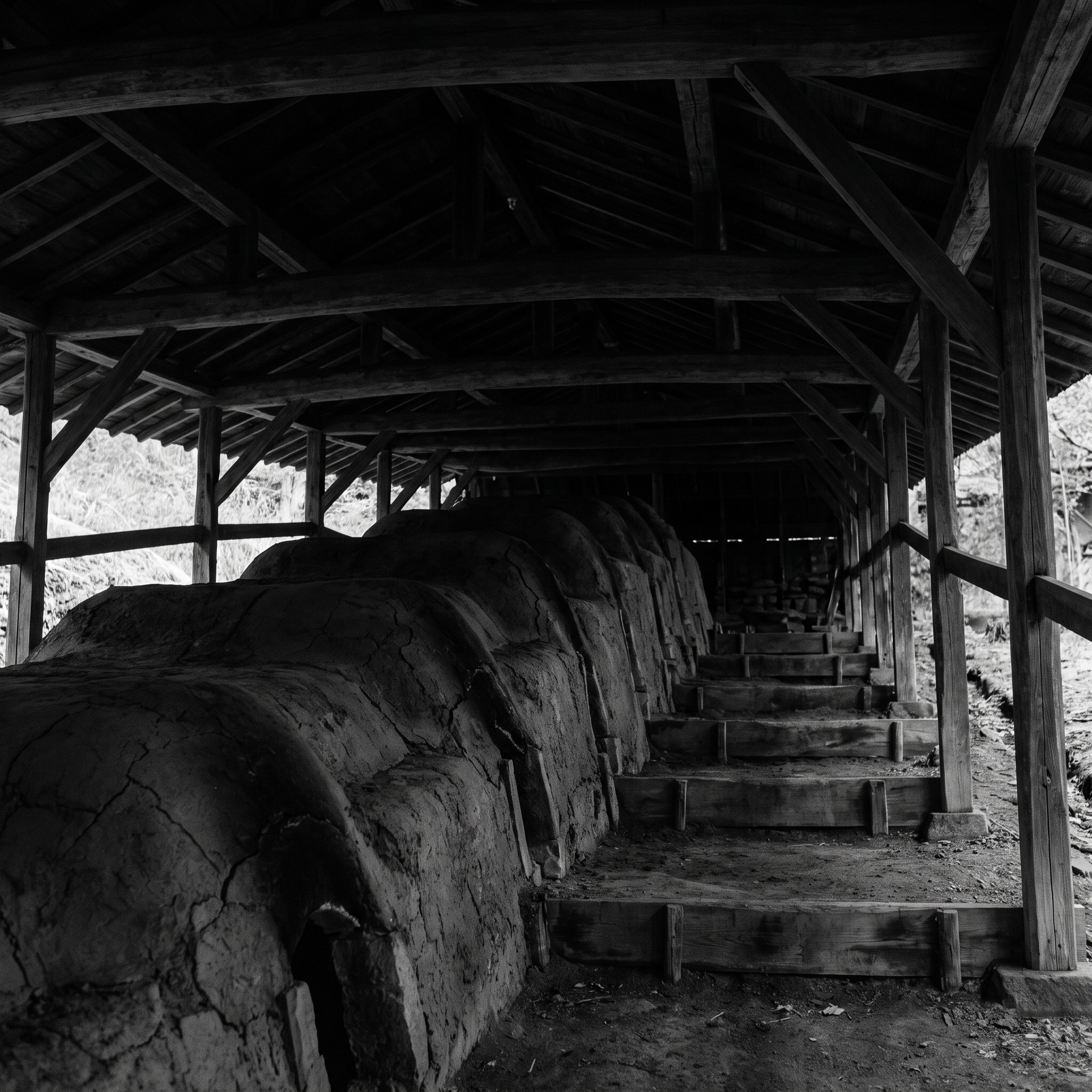 Soot-blackened chambers of the climbing kiln under its shed roof