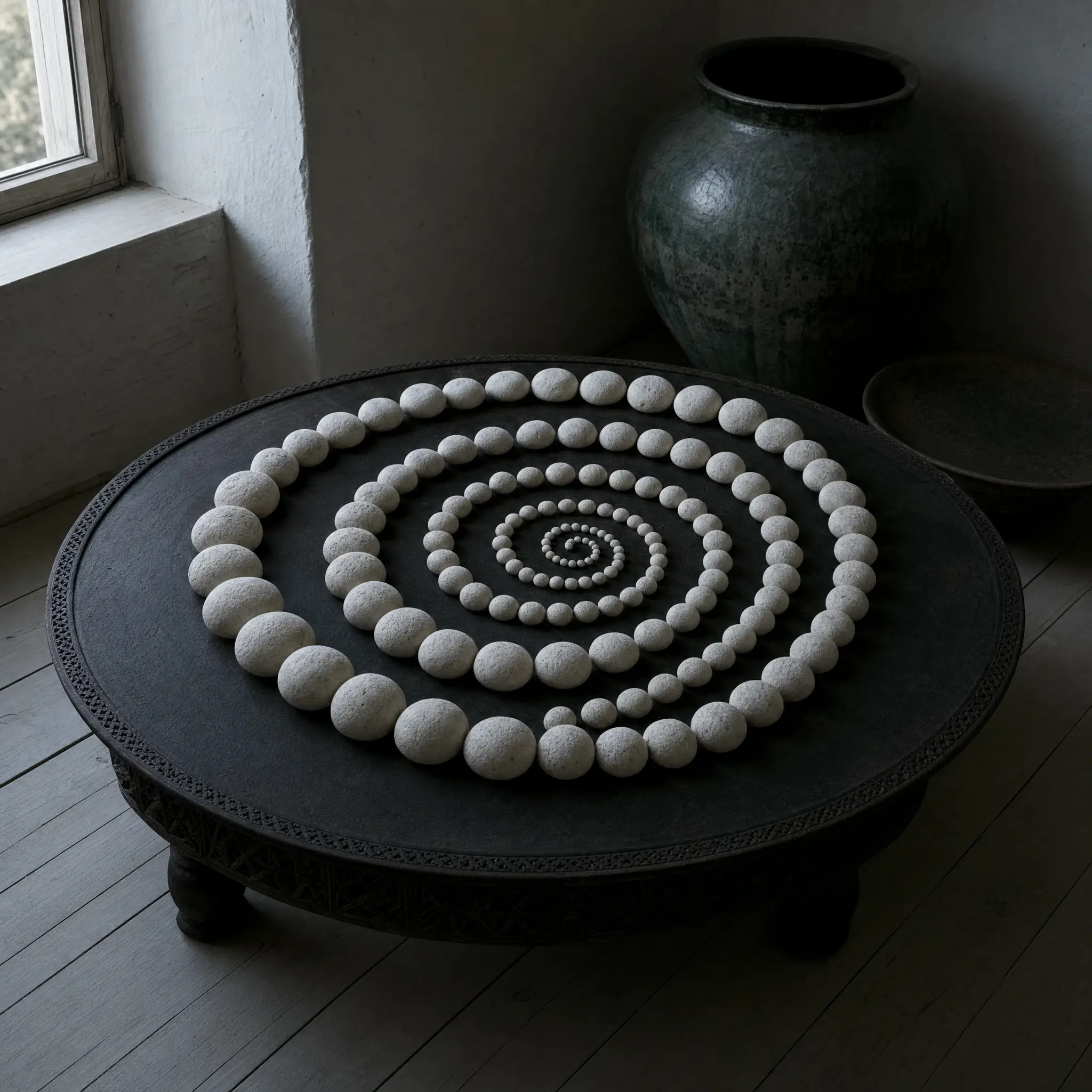 The spiral of round white pebbles laid on the low round table