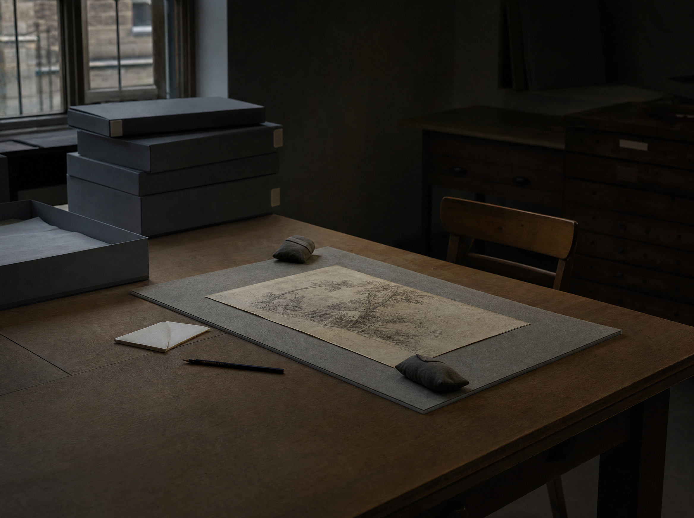 A print room study table under cool daylight: conservation boxes, one drawing flat on a felt mat with soft weights, an empty chair