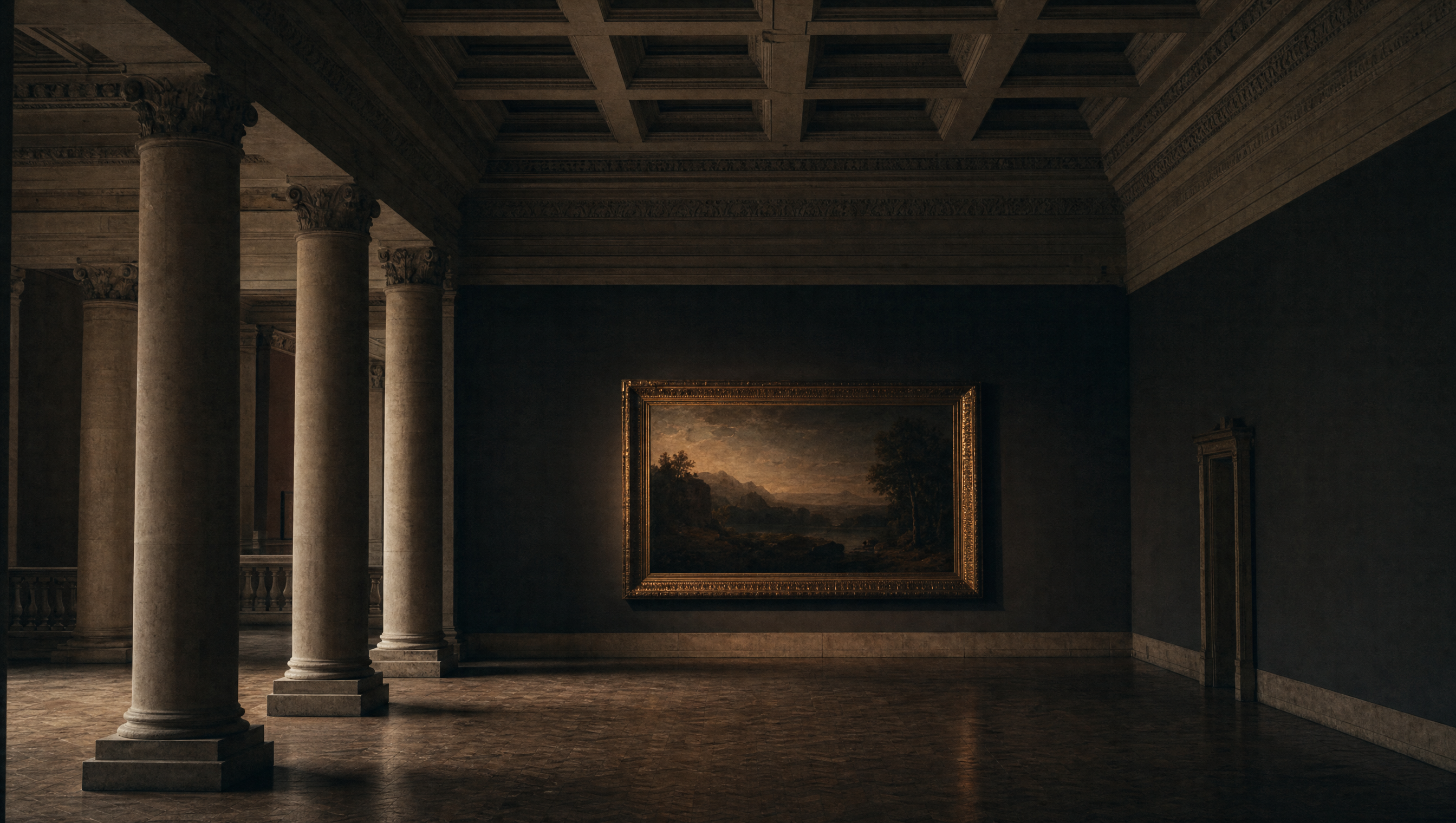 A provincial gallery interior with stone colonnade and coffered ceiling, one wide framed painting in low raking light
