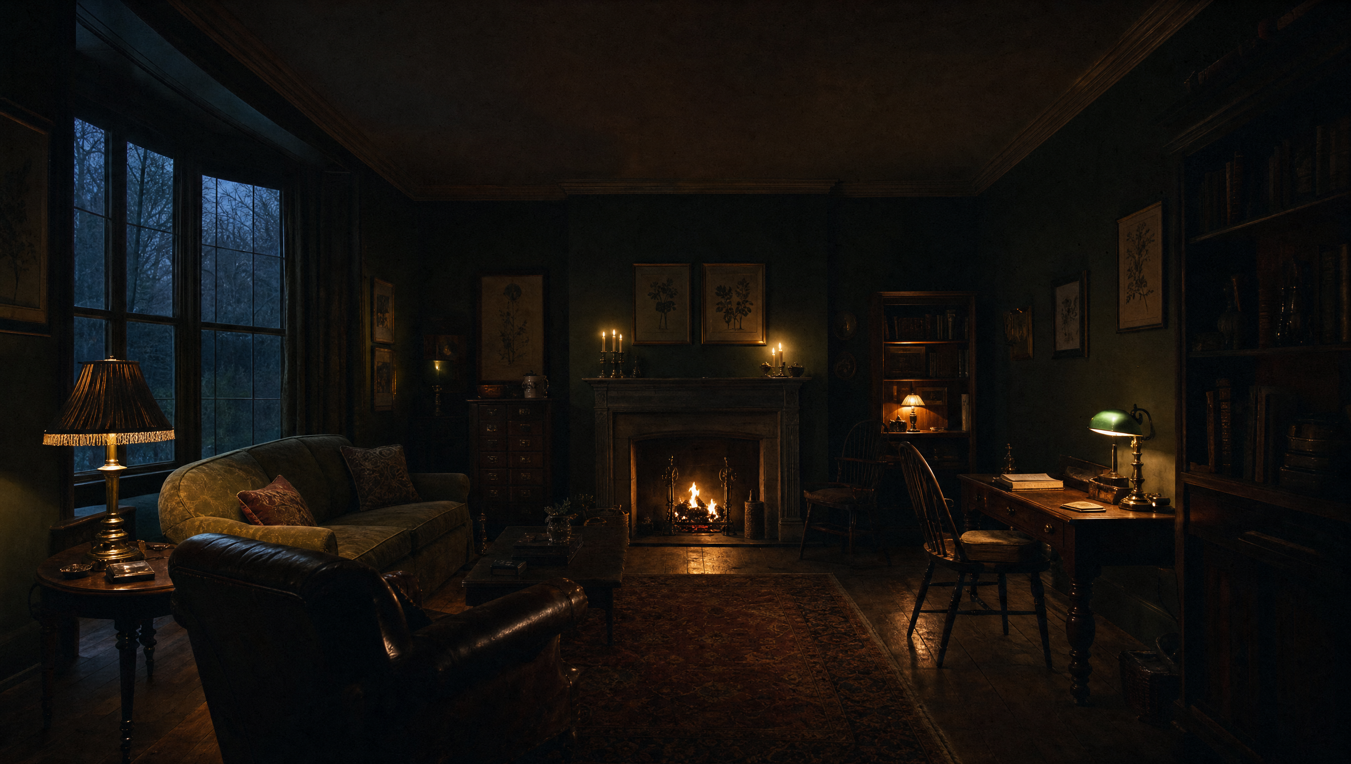 The drawing room at dusk, lit by six low lamps and the fire