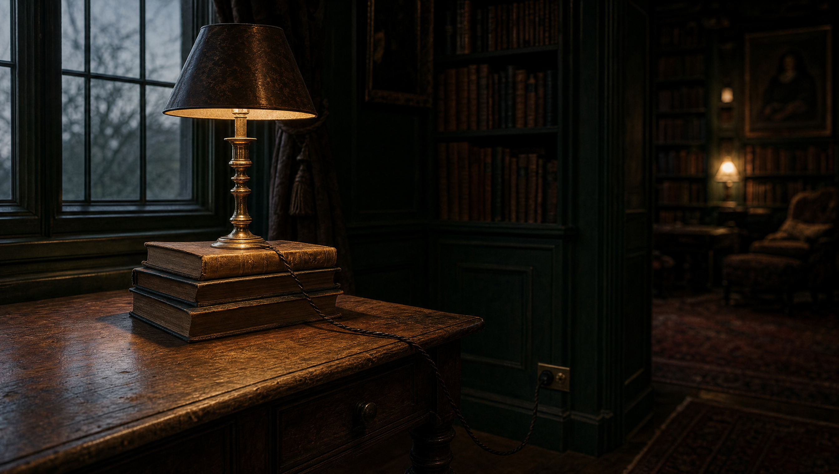 A brass lamp on a stack of books, its braided flex running to a skirting socket