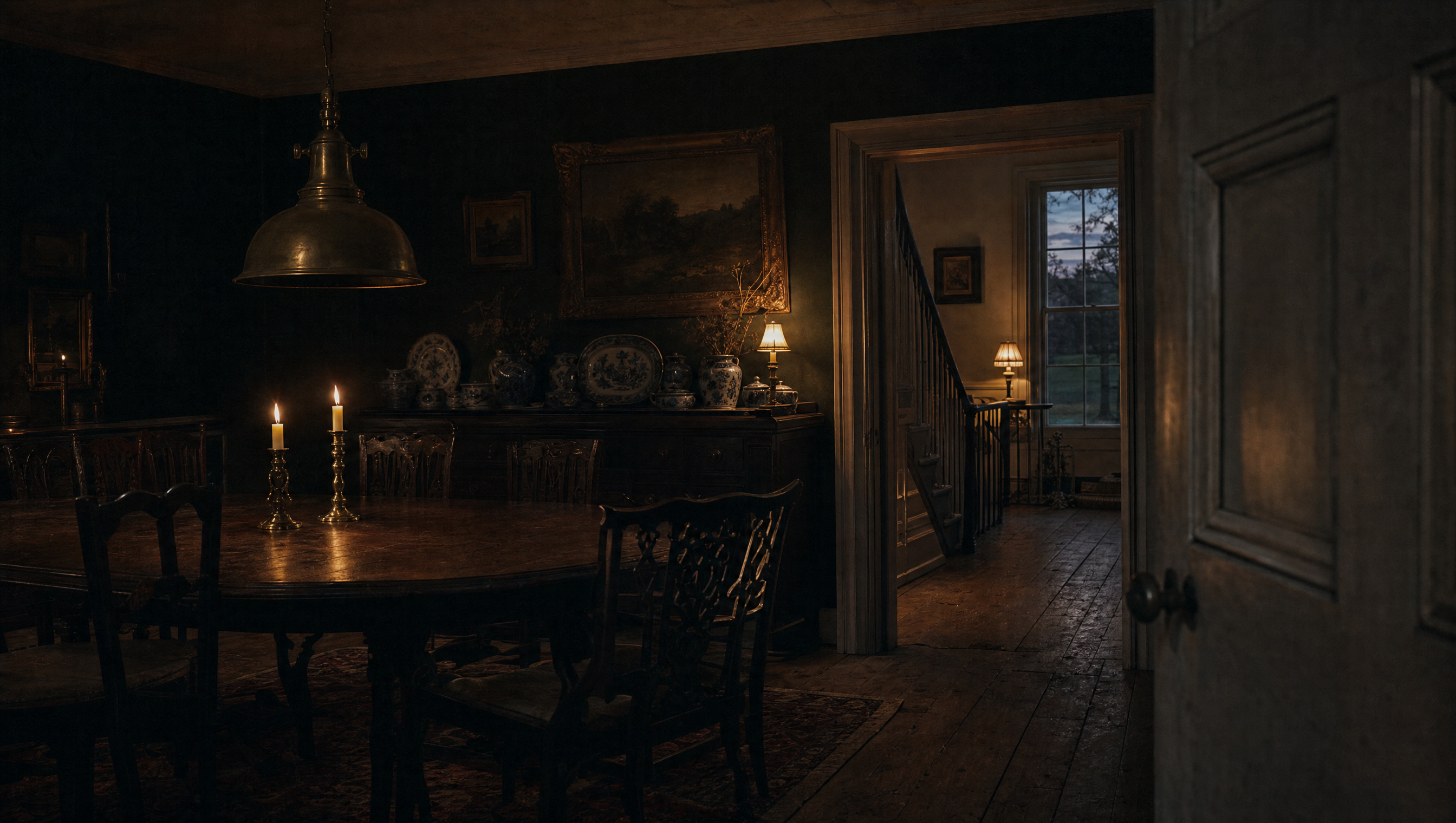 The dining room at dusk with the pendant unlit, candles and a sideboard lamp burning