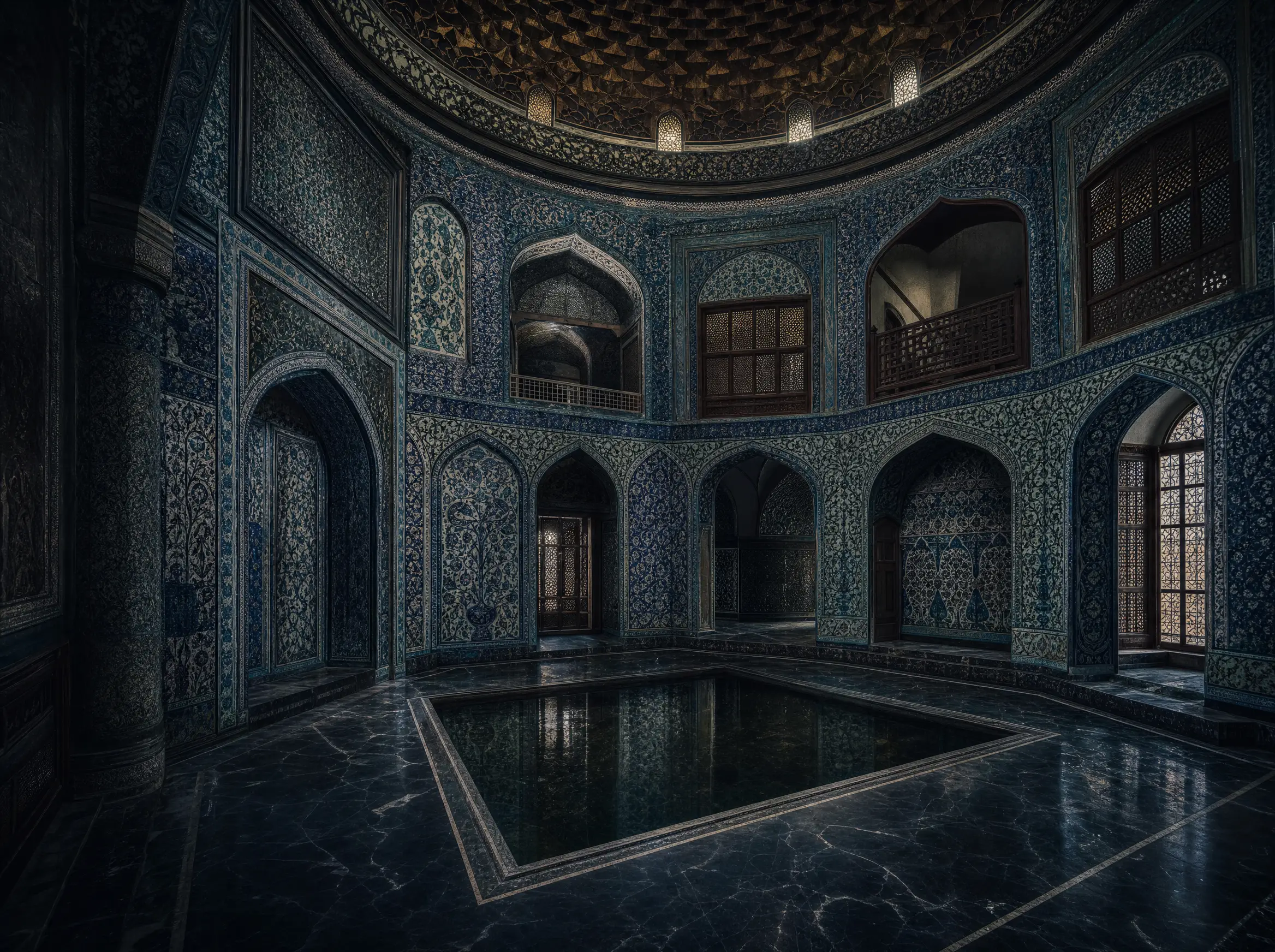 The tiled double-height hall with its gilded dome and dark central pool
