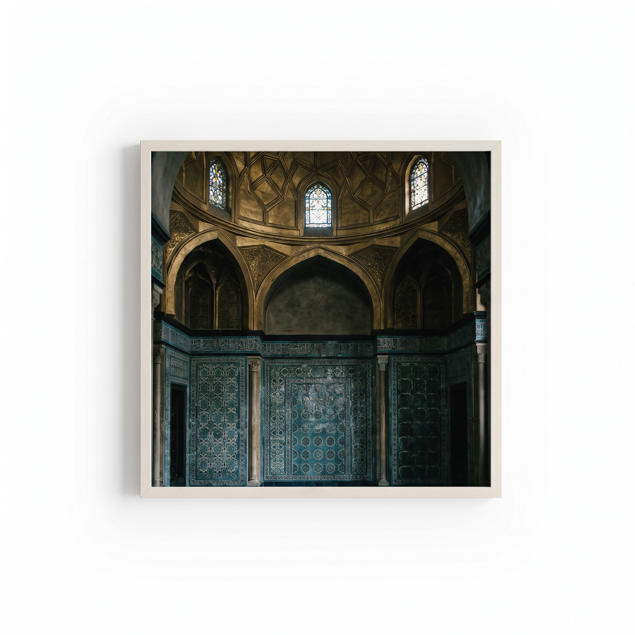 Antique blue and turquoise tiles beneath the gilded dome