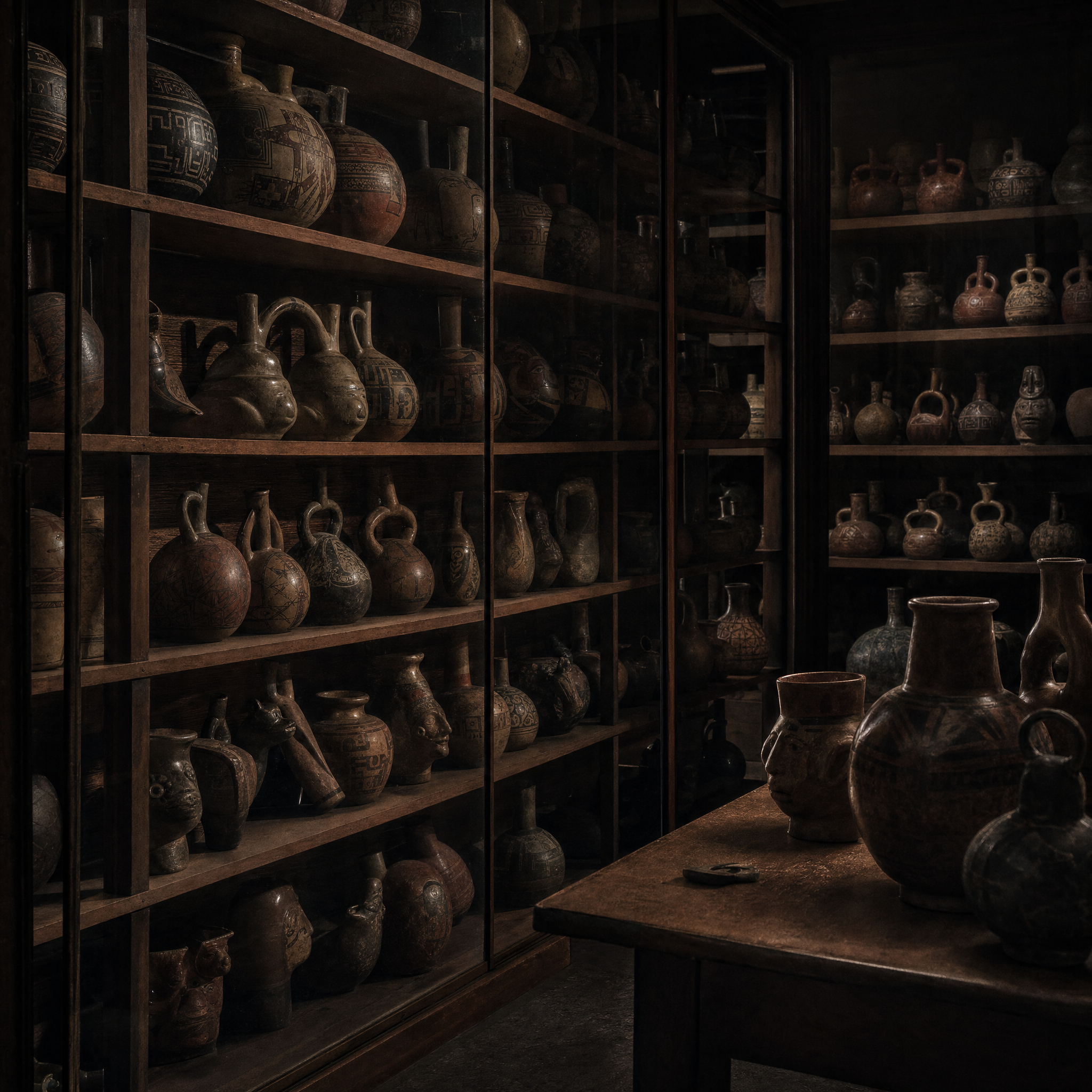 Rows of ancient ceramic vessels on open shelves in a dim museum storeroom