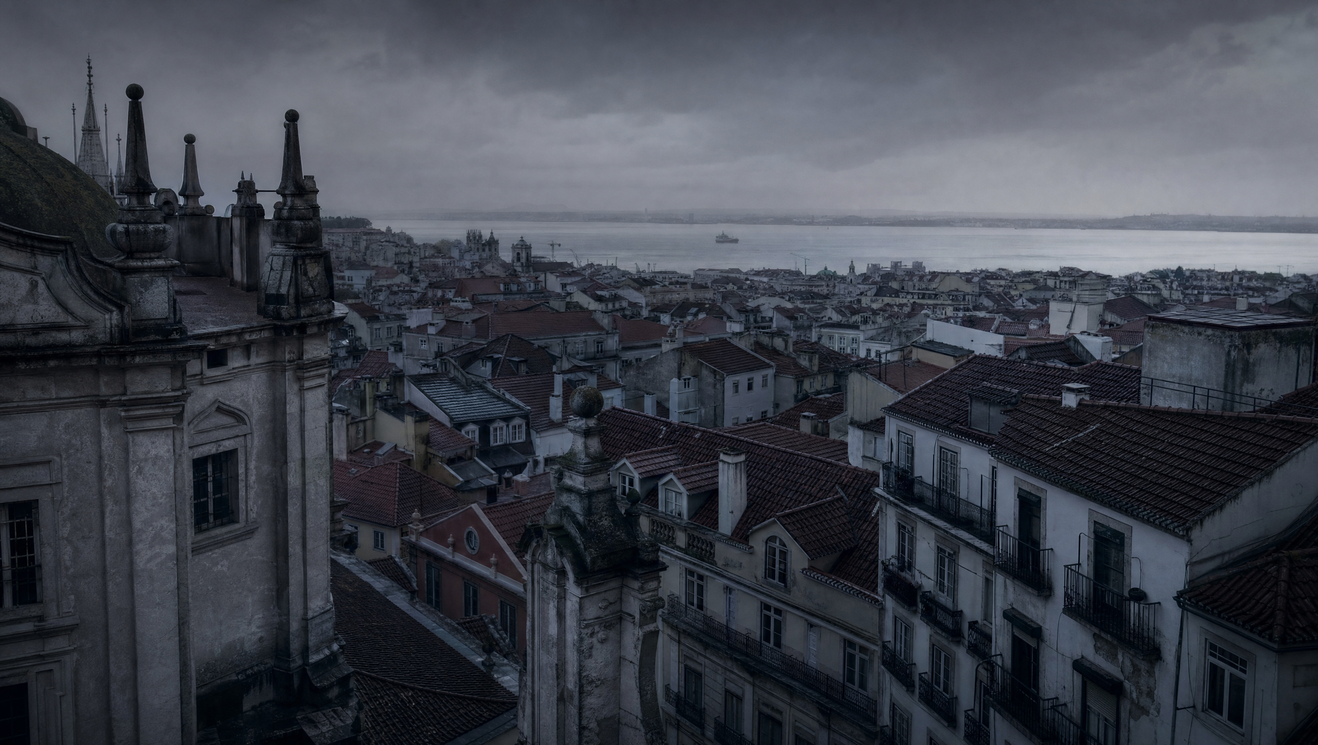 Lisbon rooftops in flat winter light, the river beyond, seen from above