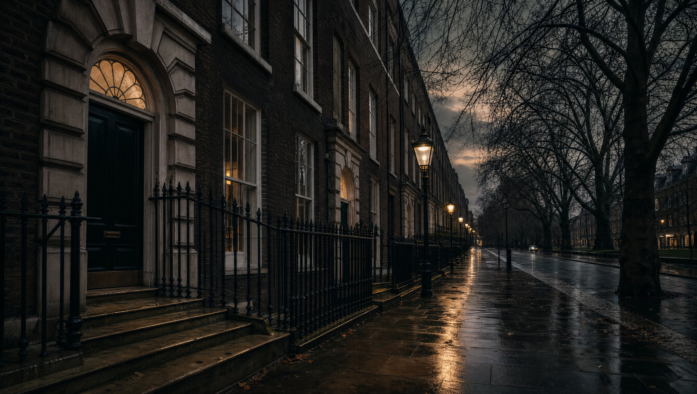 A Georgian terrace at dusk in winter, iron railings and a lit fanlight, wet pavement running away to bare plane trees