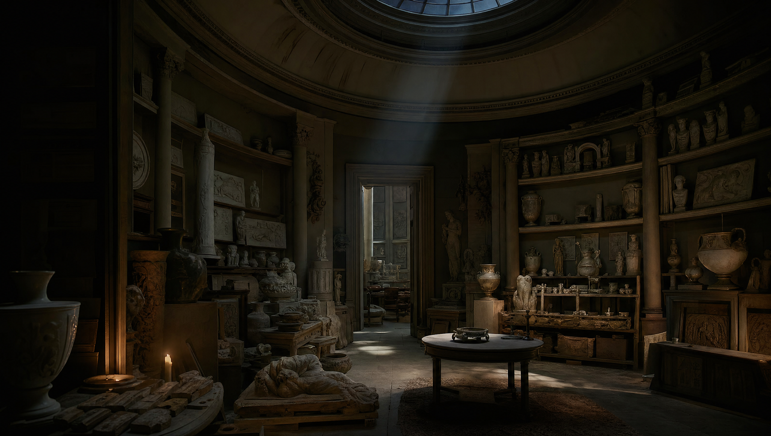 A domed top-lit room in a collector's house, plaster casts and marble fragments stacked from floor to cornice