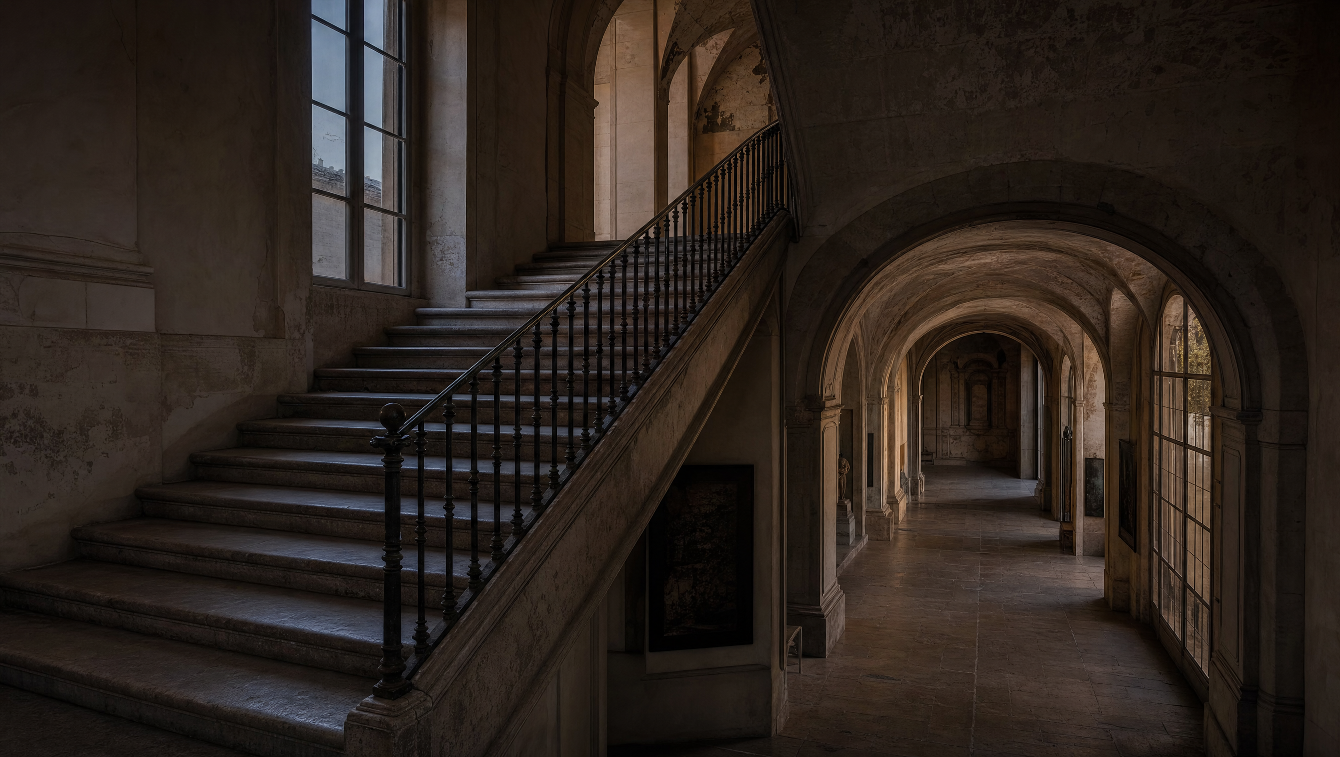 An empty stone staircase and vaulted cloister inside a former abbey, dim evening light from tall windows