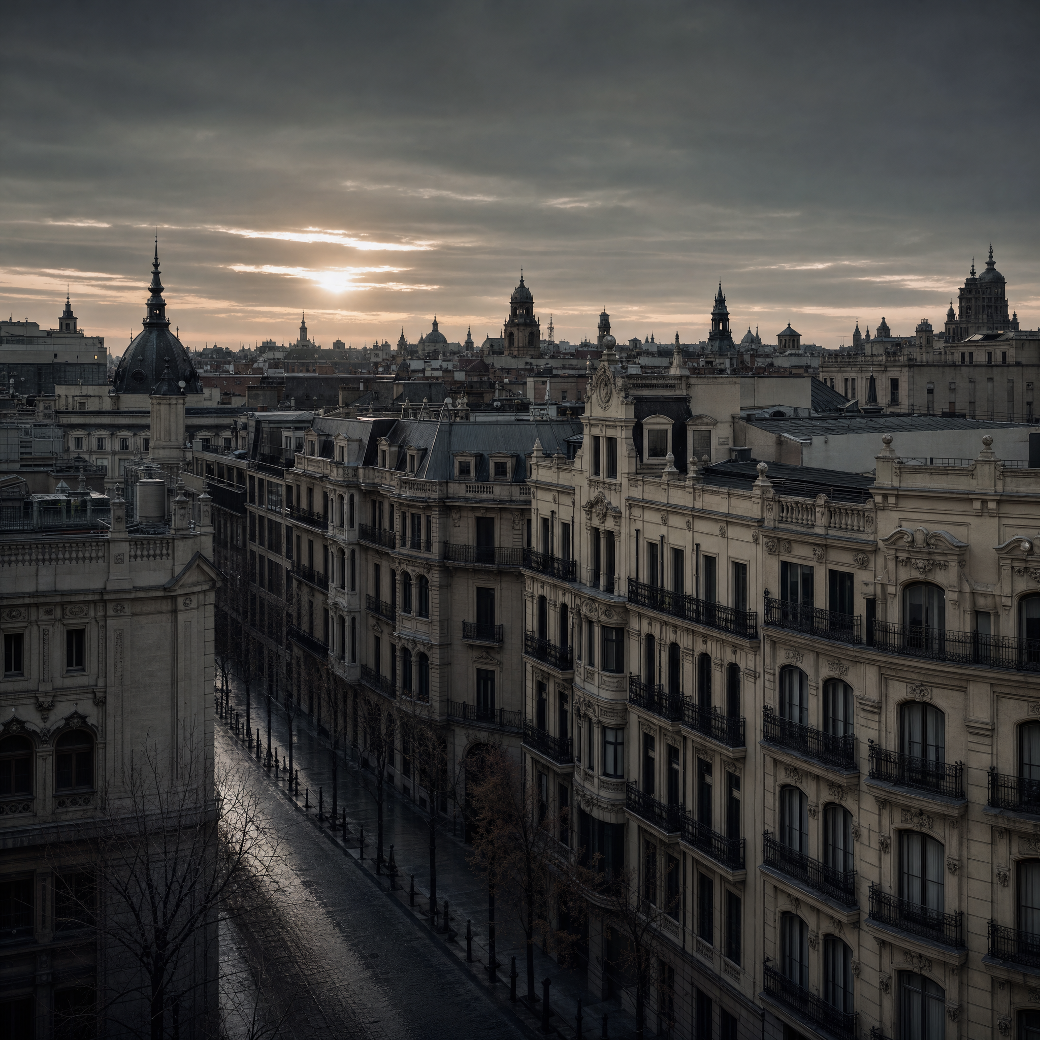 A quiet Madrid street of nineteenth-century apartment facades in low grey winter light, wet stone and bare trees