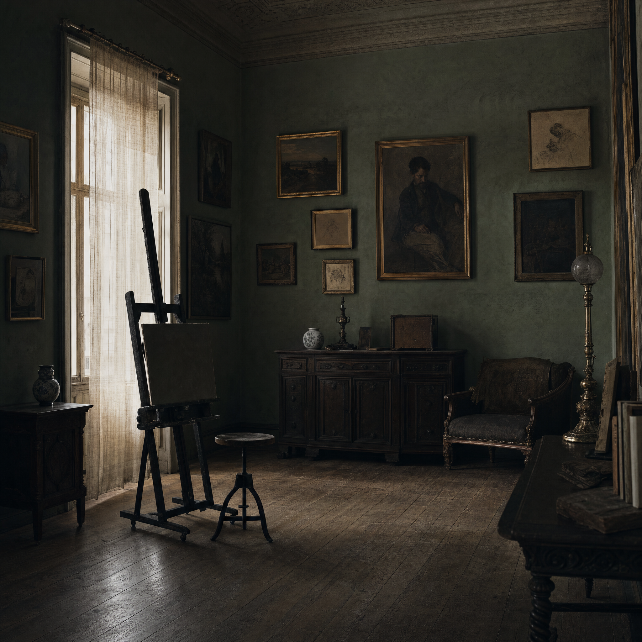 An empty painter's studio in a nineteenth-century house: tall curtained window, easel, worn floor and hung canvases in low grey daylight