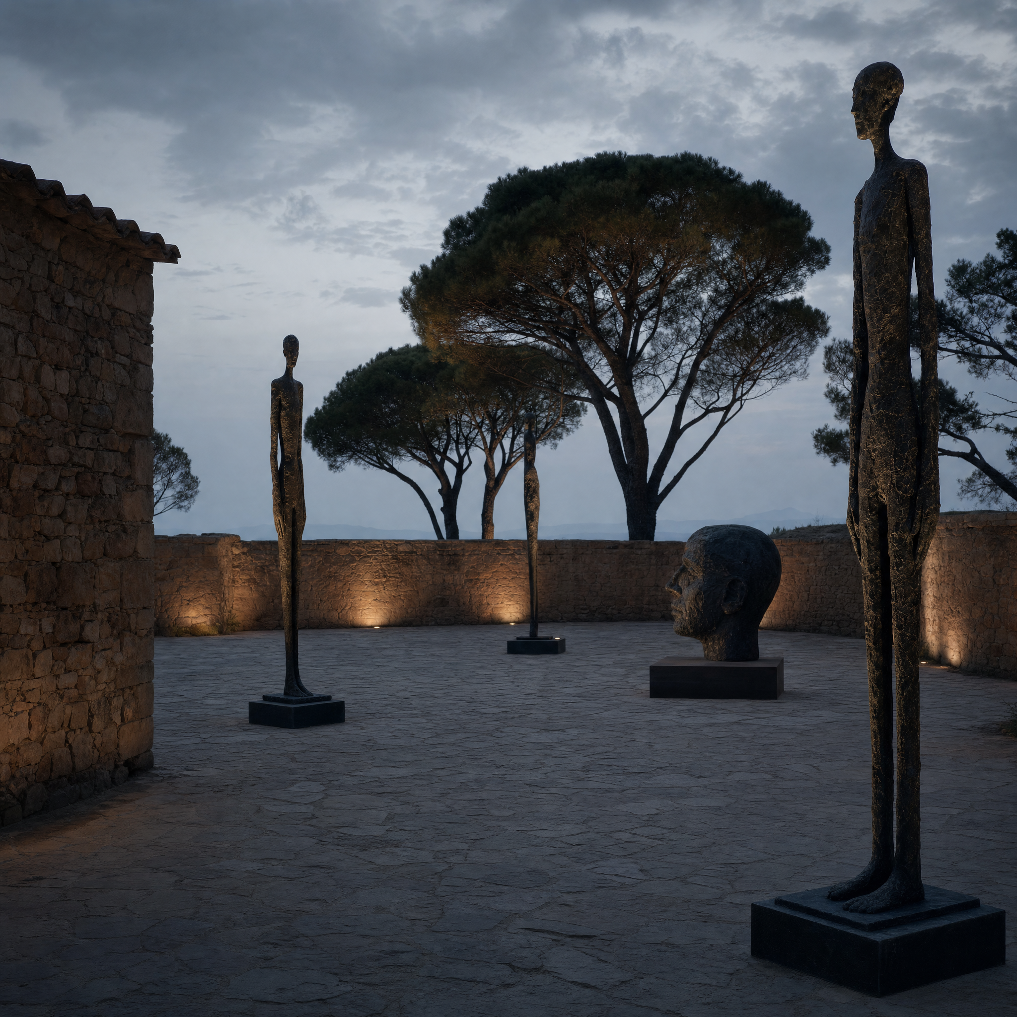 A walled open-air court of tall thin bronze figures and a large head, pines beyond, at dusk