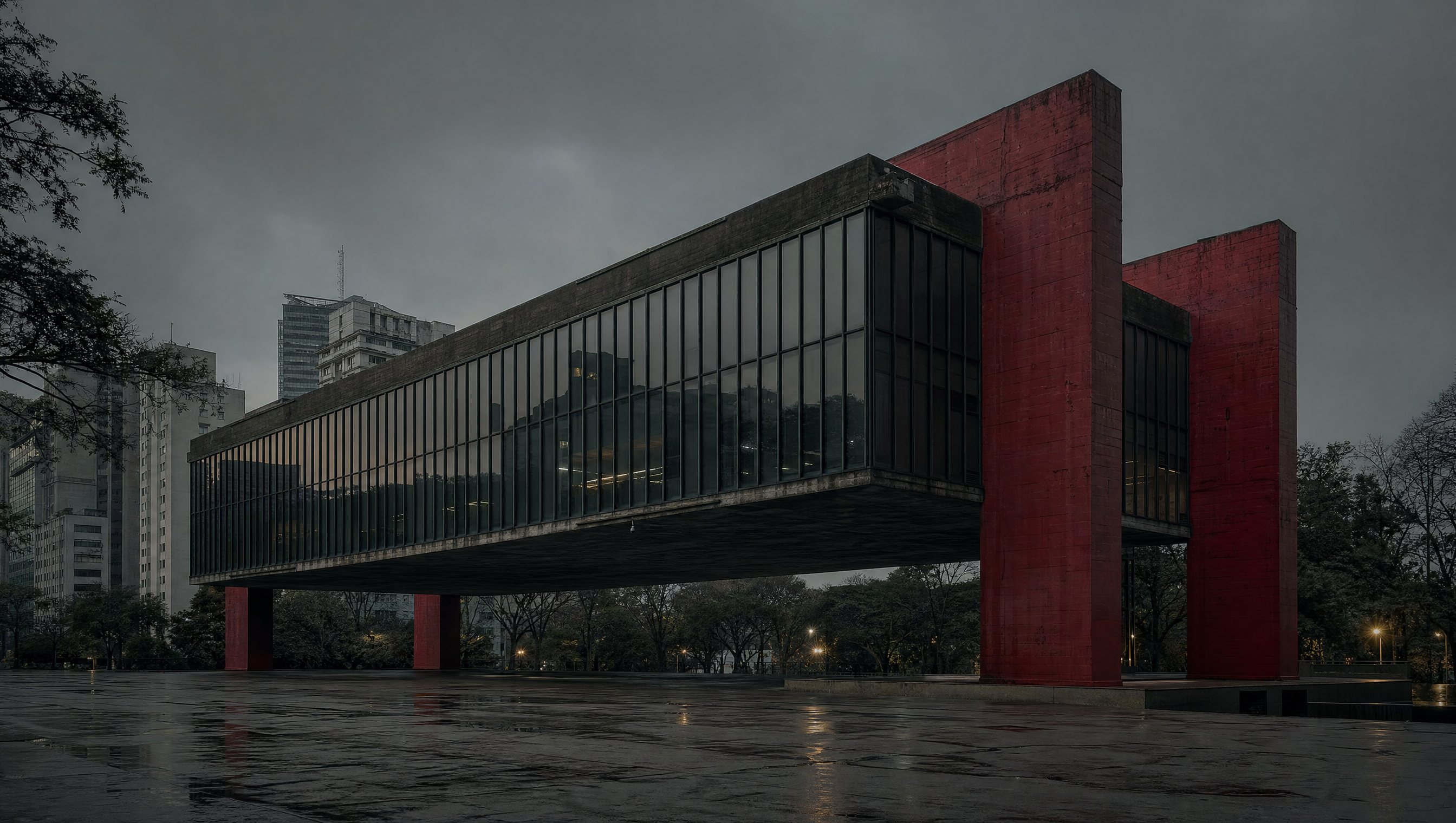 The suspended glass volume of MASP held above an empty concrete plaza by red beams, Avenida Paulista at dusk