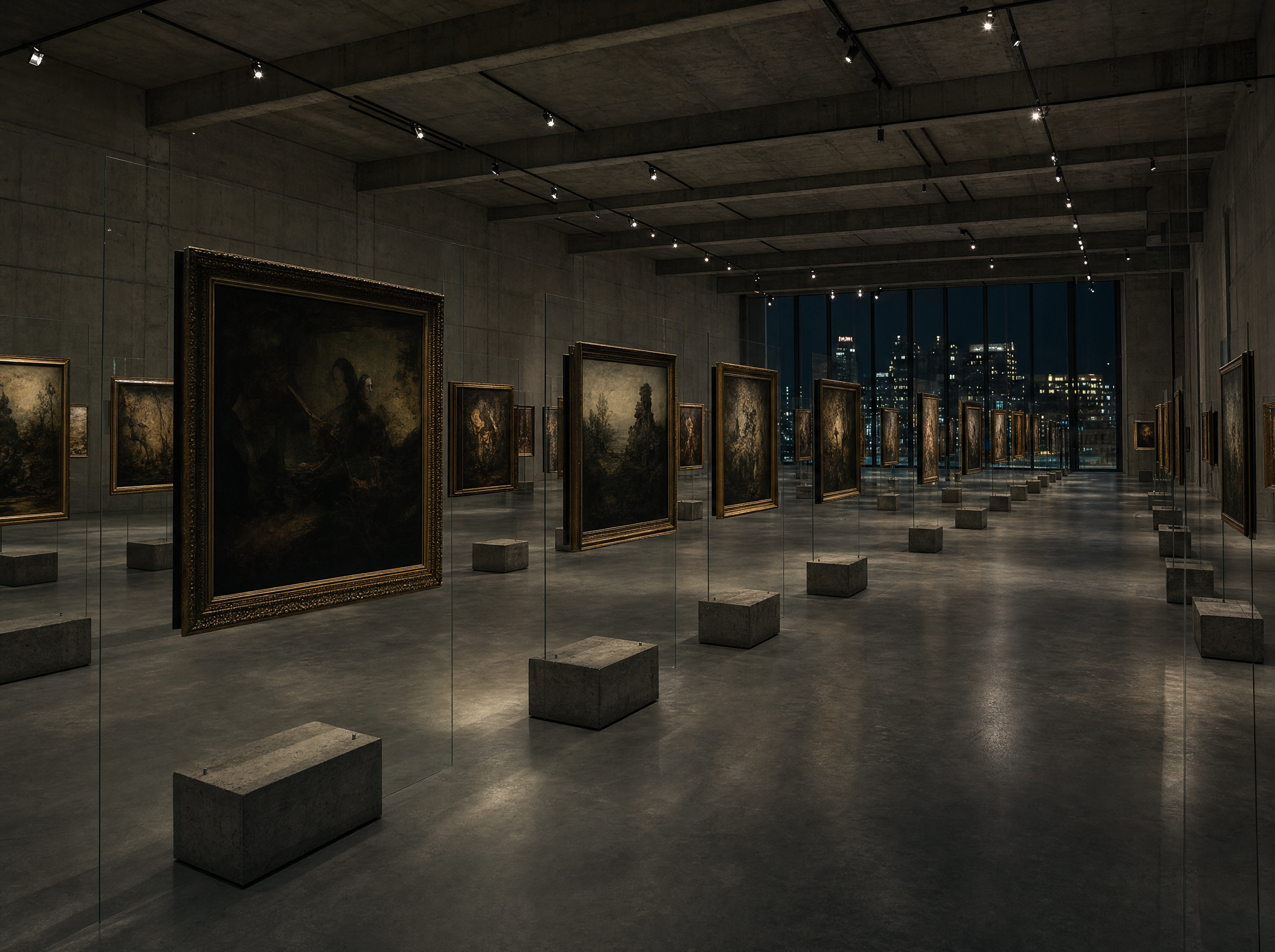 Paintings standing upright on glass easels set in concrete blocks across an open gallery floor