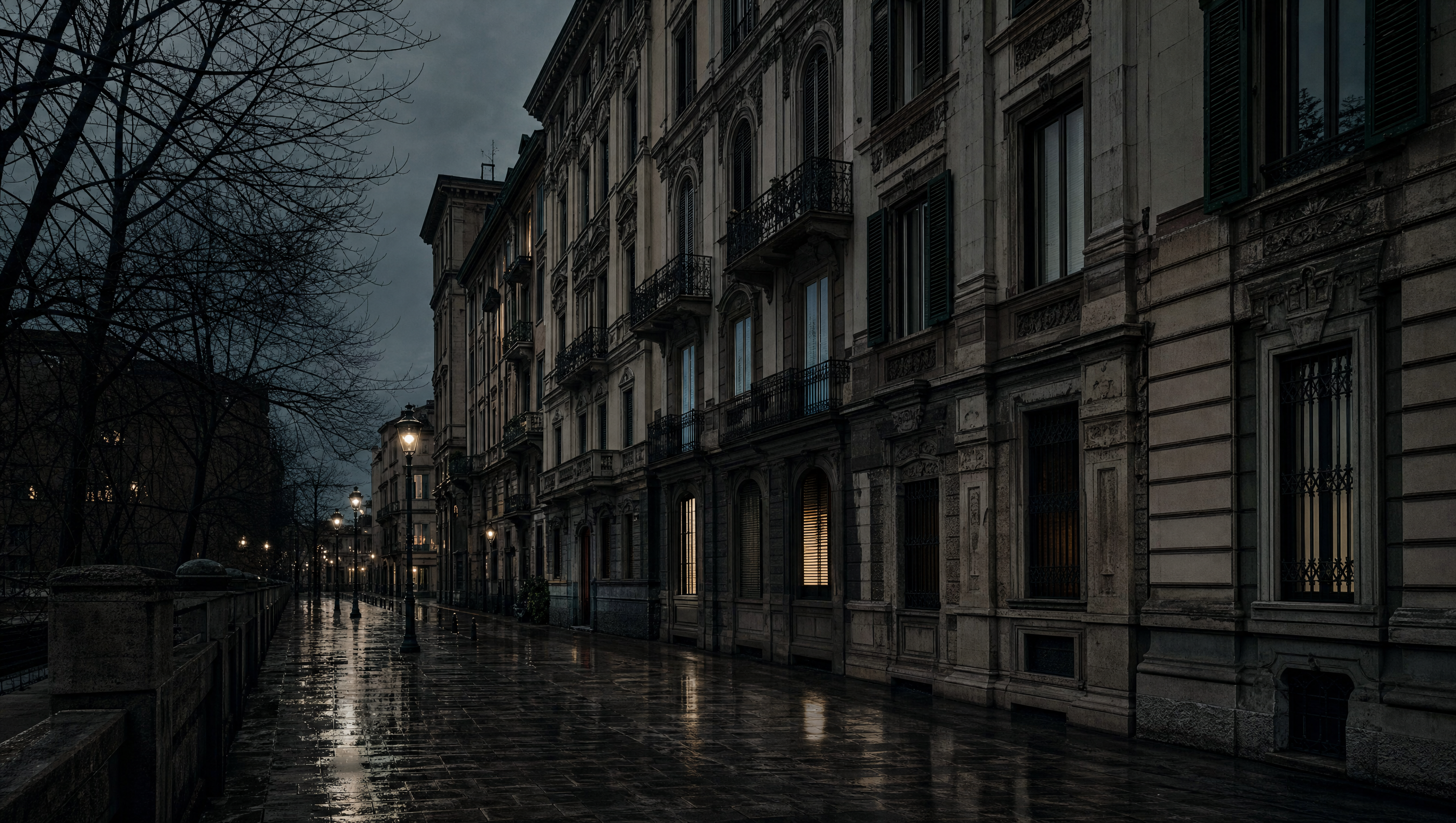 A quiet Milanese street at dusk, neoclassical facades and iron balconies over wet pavement