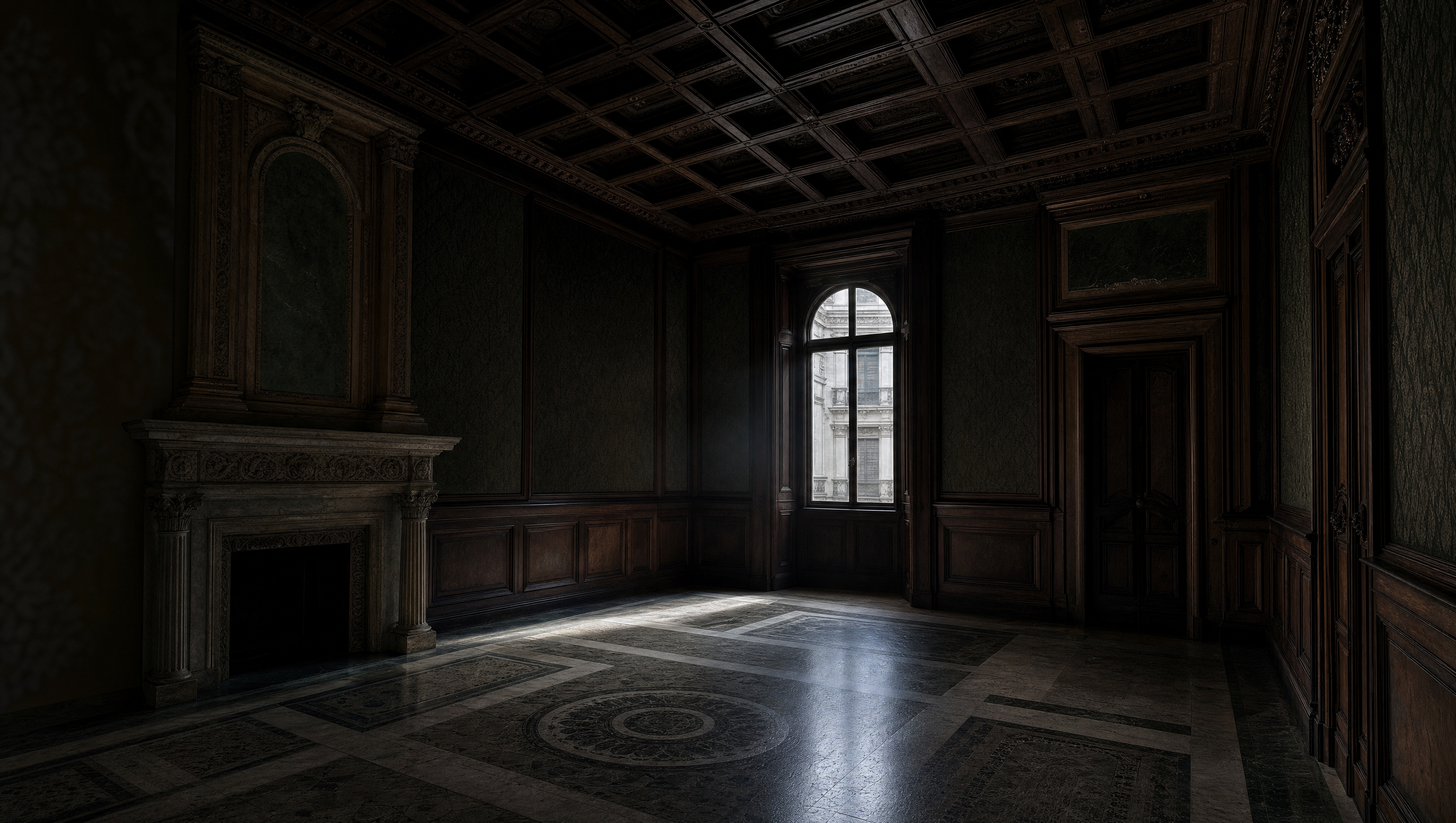 An empty Renaissance-revival room with carved walnut joinery and one shaft of cold window light