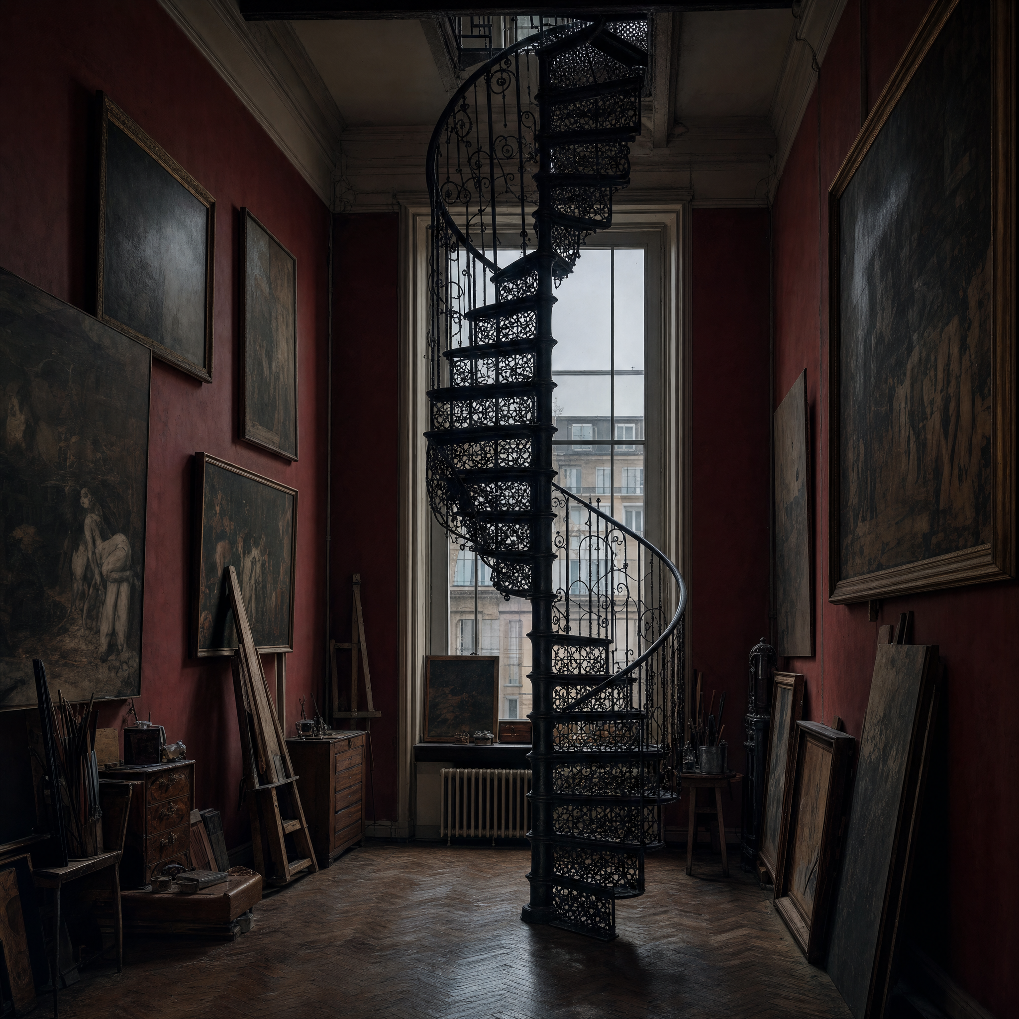 The cast-iron spiral staircase rising through the double-height studio