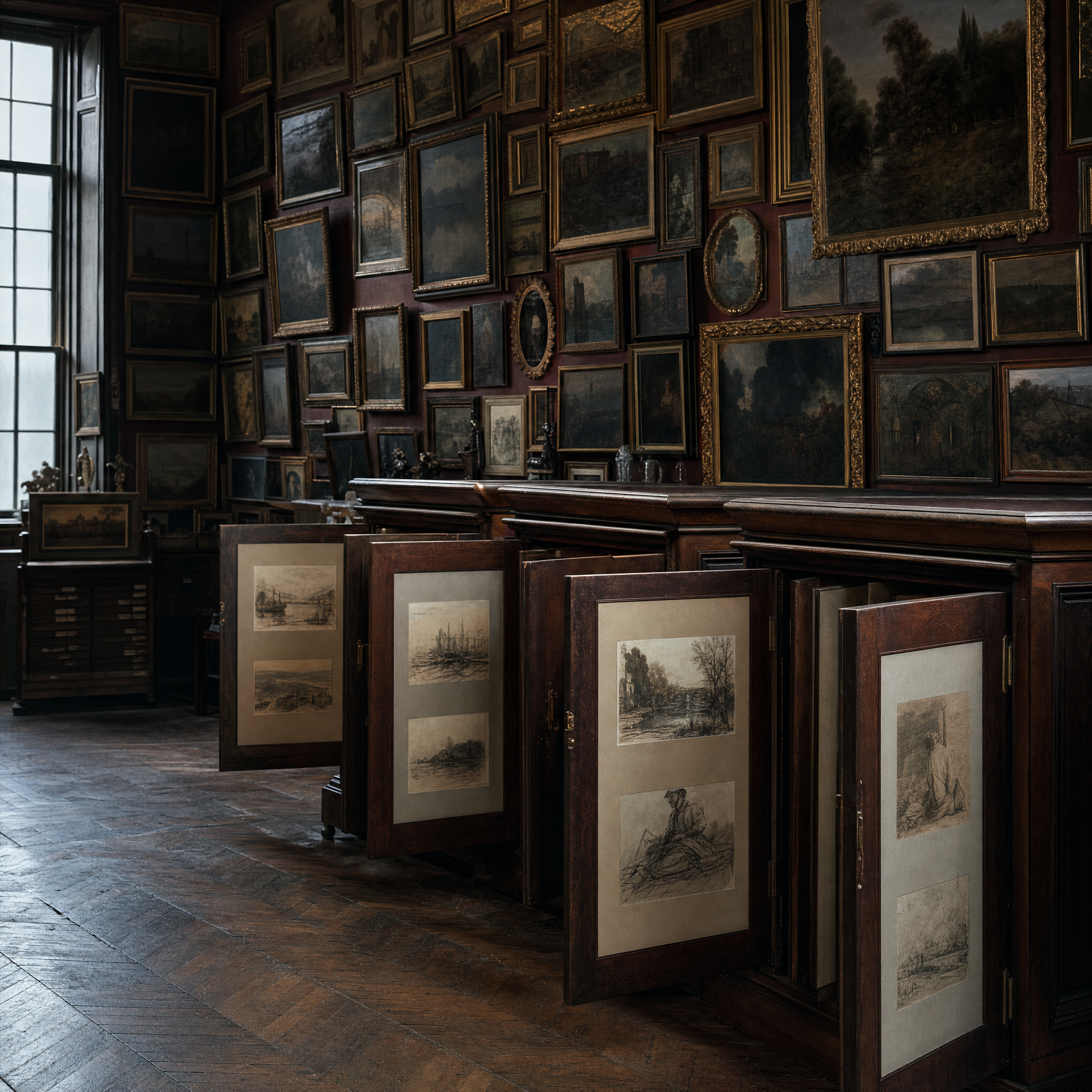 Studio walls hung frame to frame, with the hinged drawing cabinets in the foreground