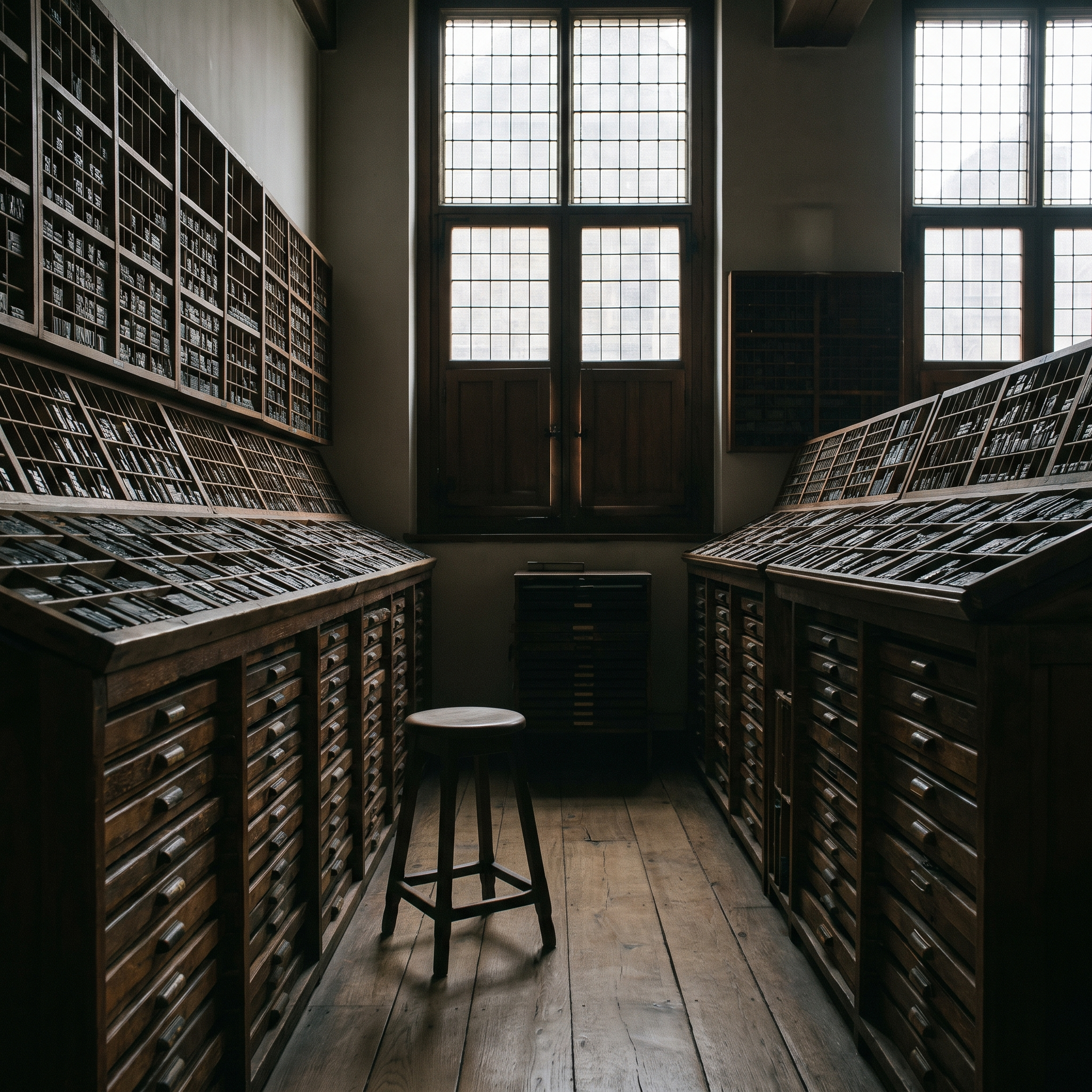 Ranks of worn wooden type cases stacked to the ceiling in the type room