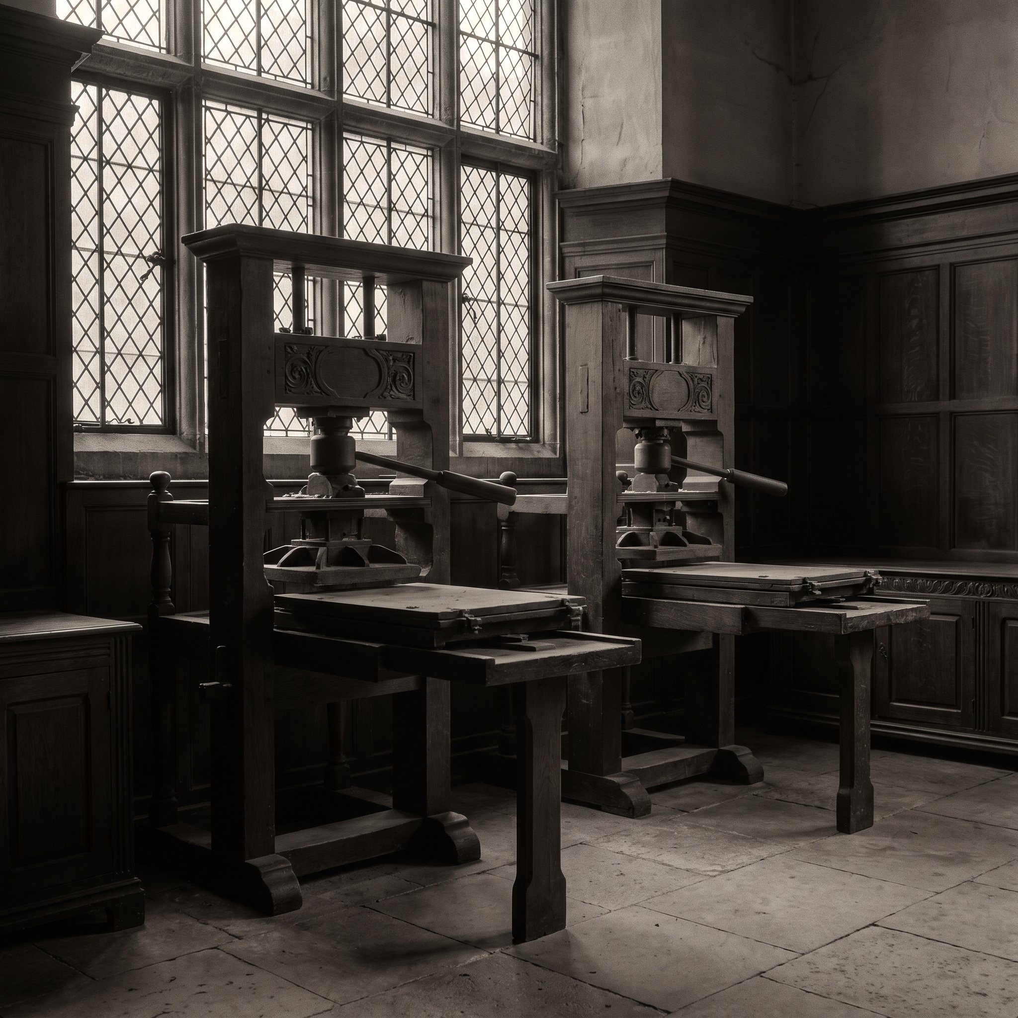 Two seventeenth-century wooden hand presses under a leaded window