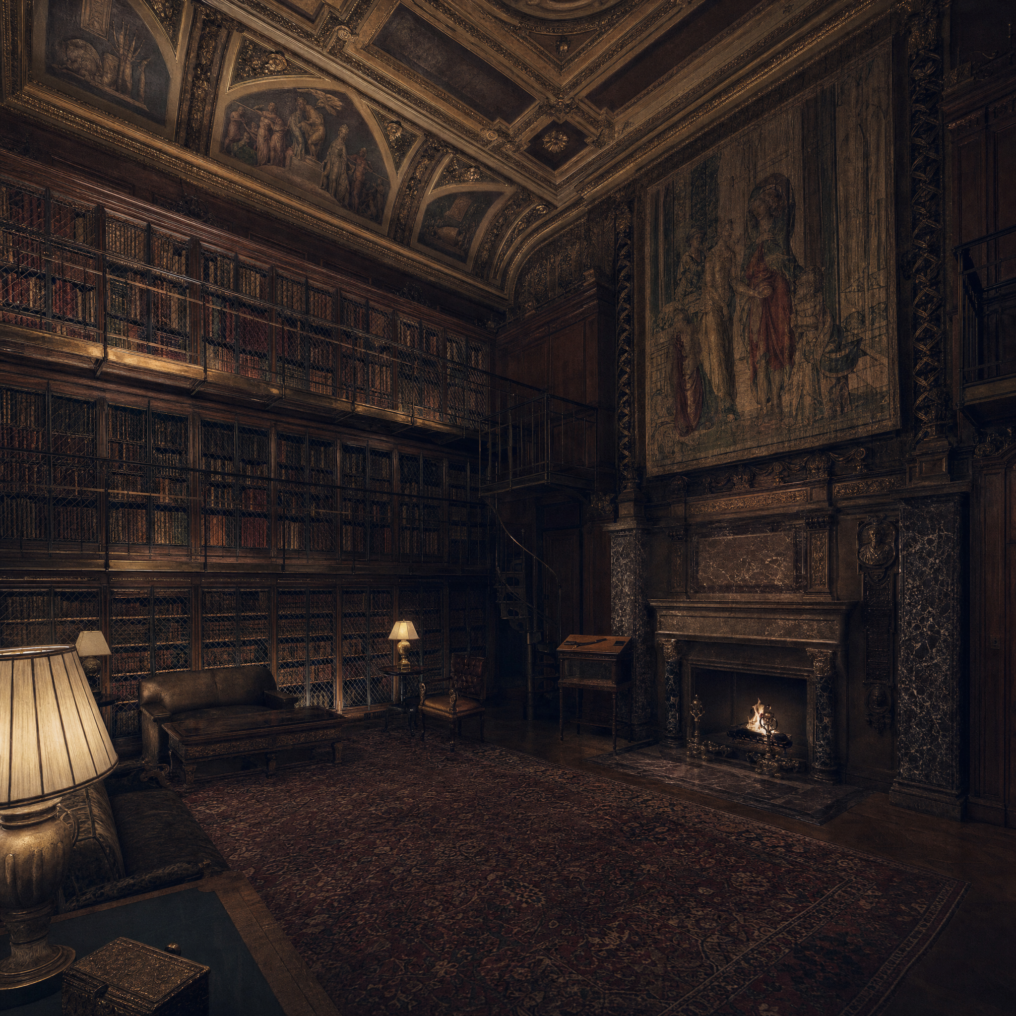 A 1906 private library room, three tiers of walnut bookcases behind bronze grilles under a painted ceiling